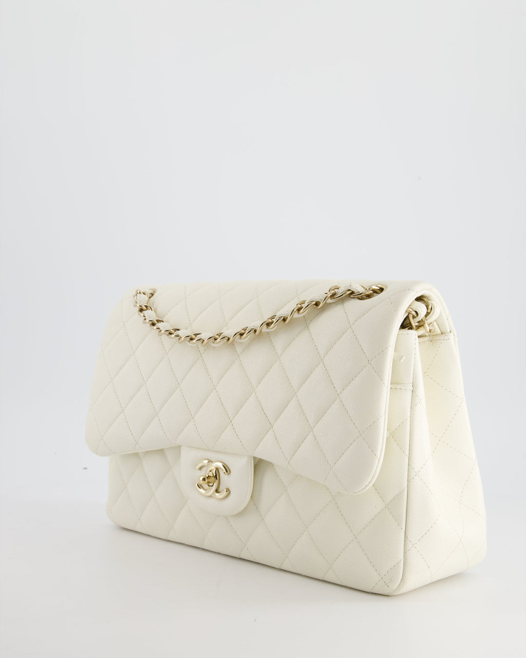 Chanel White Jumbo Classic Double Flap Bag in Shiny Caviar Leather with Champagne Gold Hardware RRP £9,240