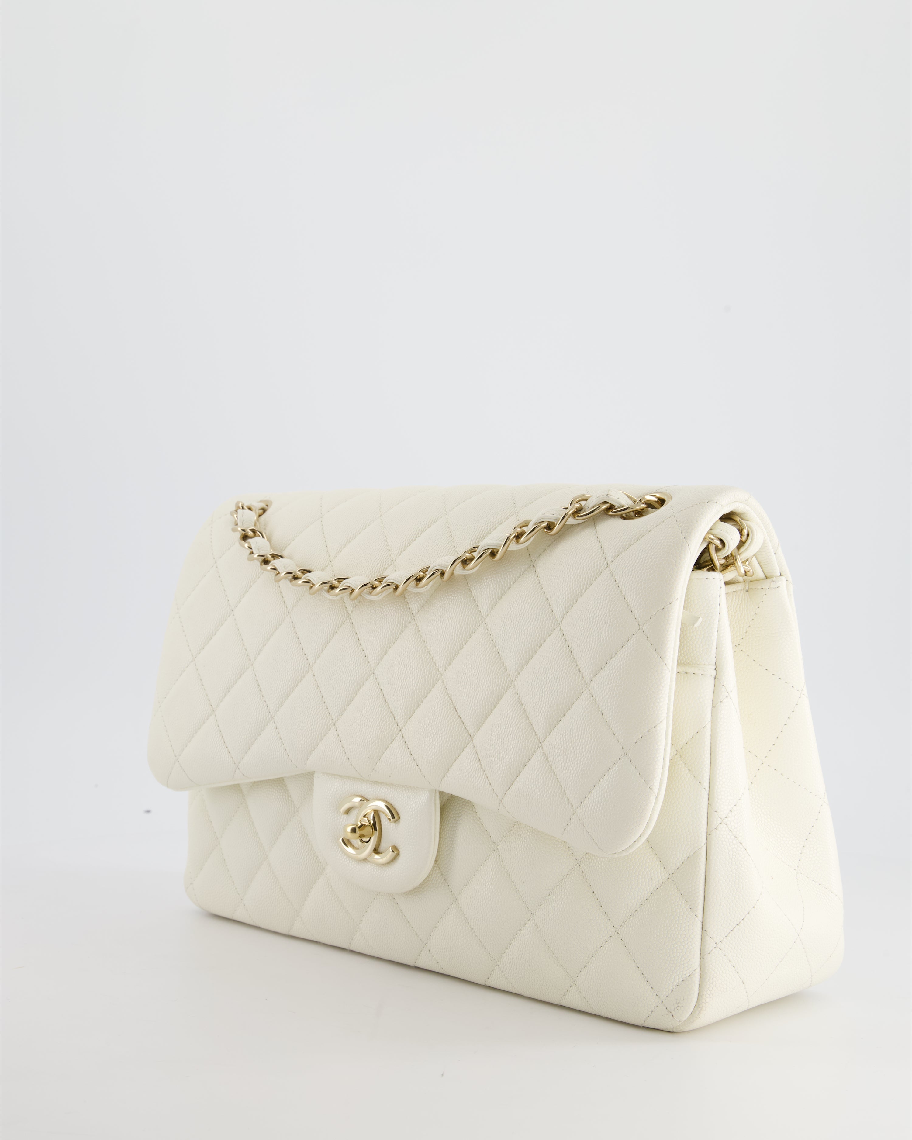 Chanel White Jumbo Classic Double Flap Bag in Shiny Caviar Leather with Champagne Gold Hardware RRP £9,240