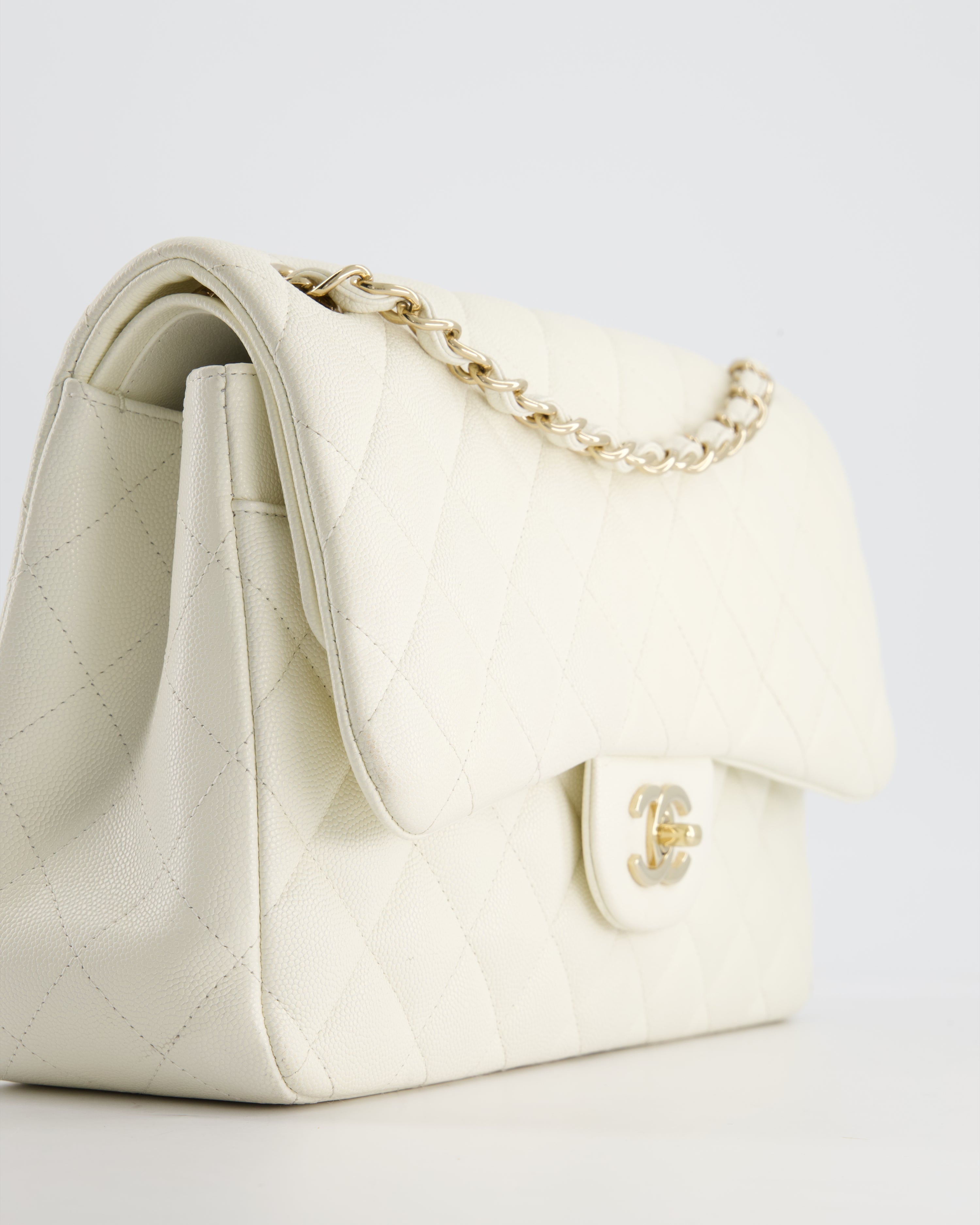 Chanel White Jumbo Classic Double Flap Bag in Shiny Caviar Leather with Champagne Gold Hardware RRP £9,240