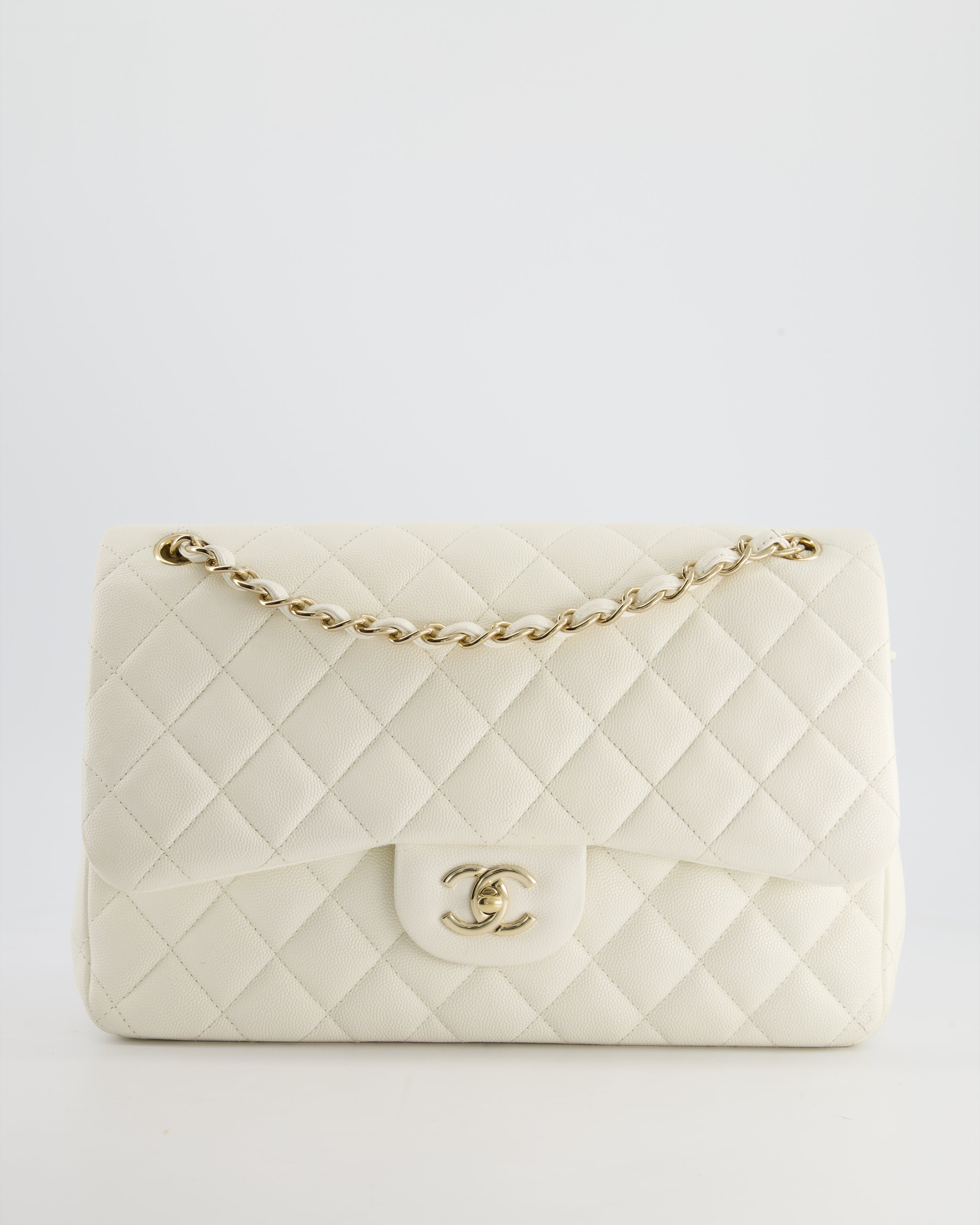 Chanel White Jumbo Classic Double Flap Bag in Shiny Caviar Leather with Champagne Gold Hardware RRP £9,240