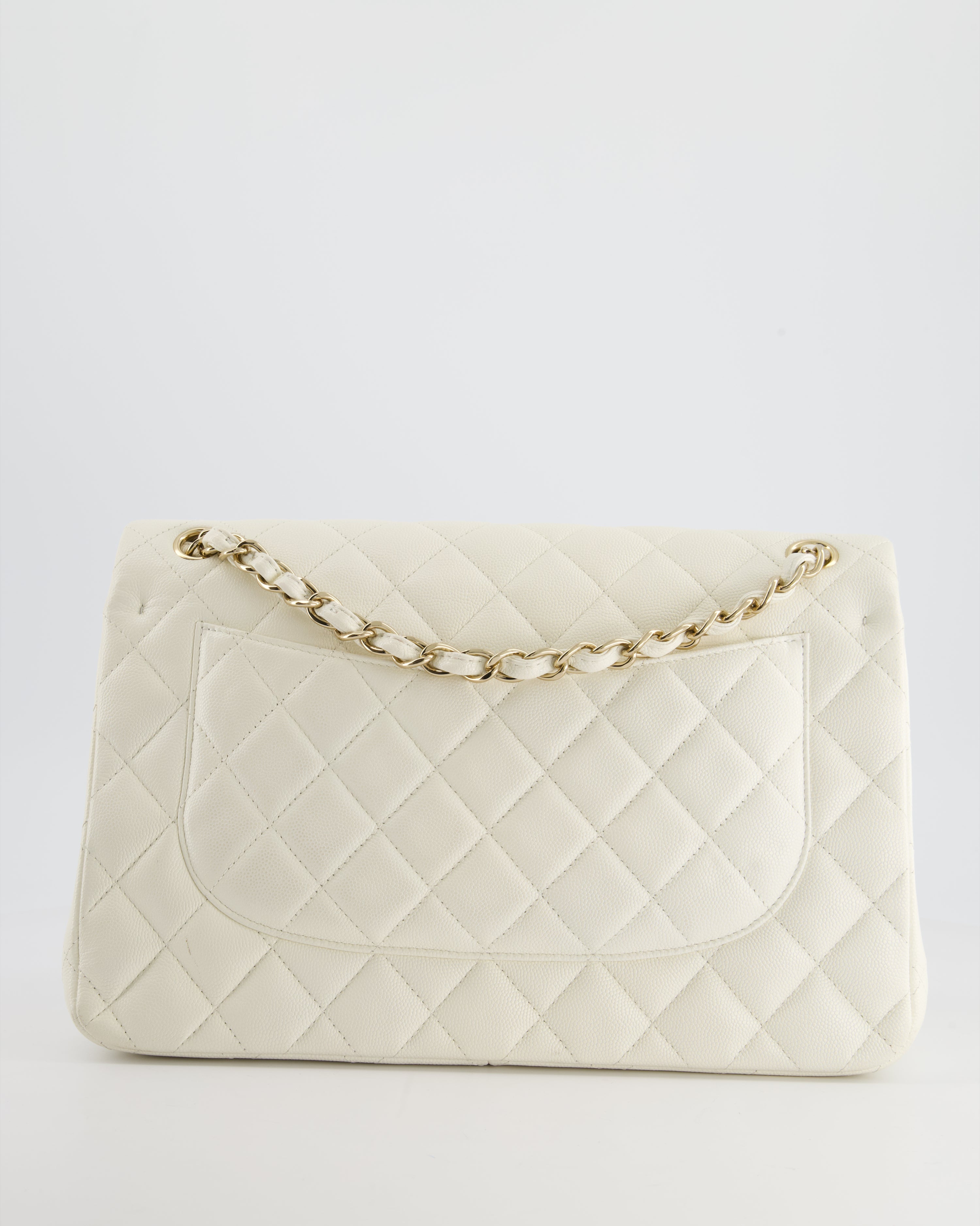 Chanel White Jumbo Classic Double Flap Bag in Shiny Caviar Leather with Champagne Gold Hardware RRP £9,240