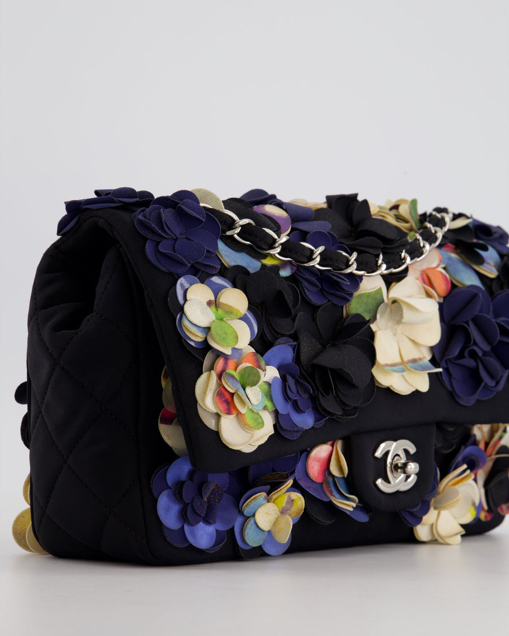 Chanel 15C Navy Camelia Embroidered Flap Bag in Fabric Material with Silver Hardware