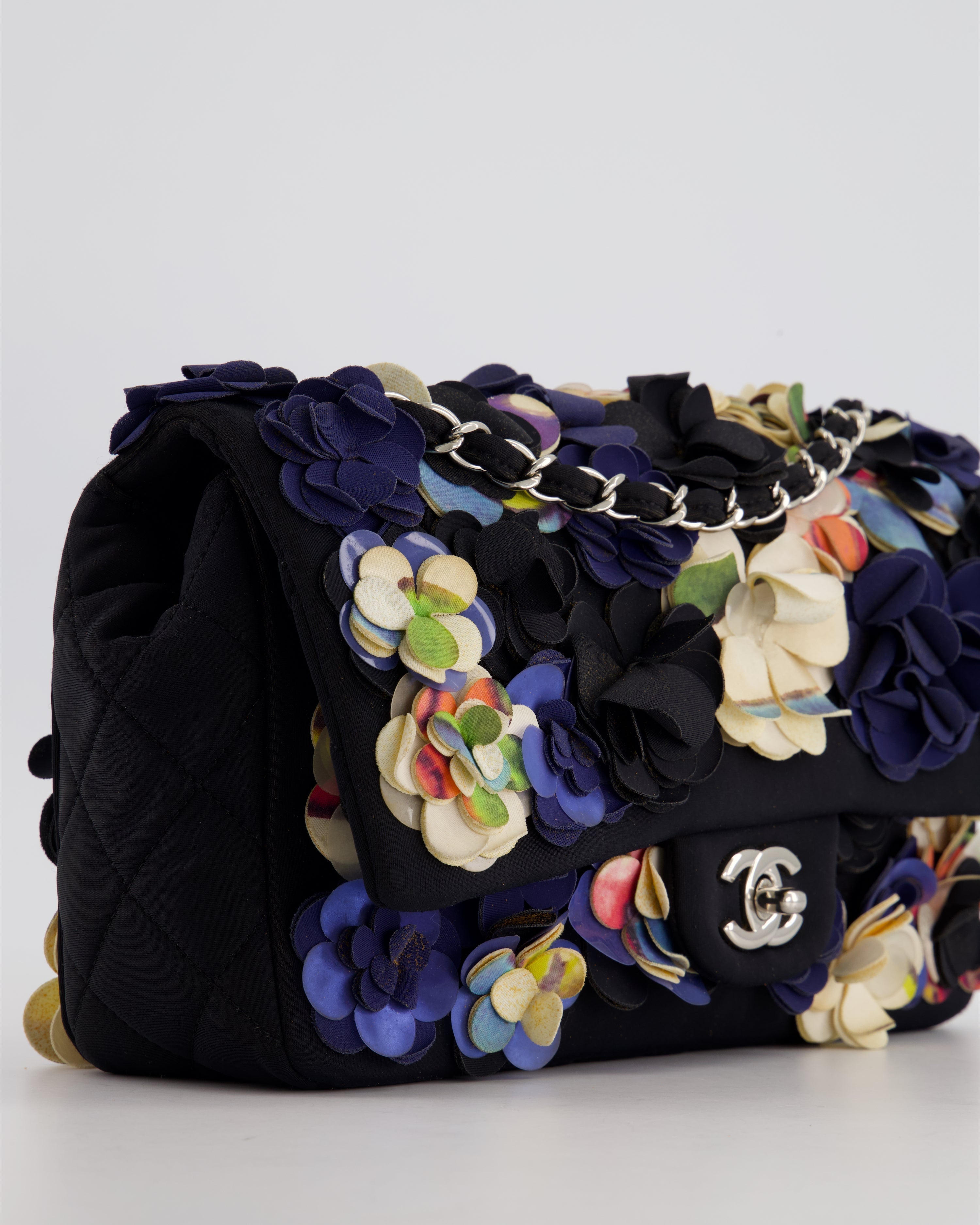 Chanel 15C Navy Camelia Embroidered Flap Bag in Fabric Material with Silver Hardware