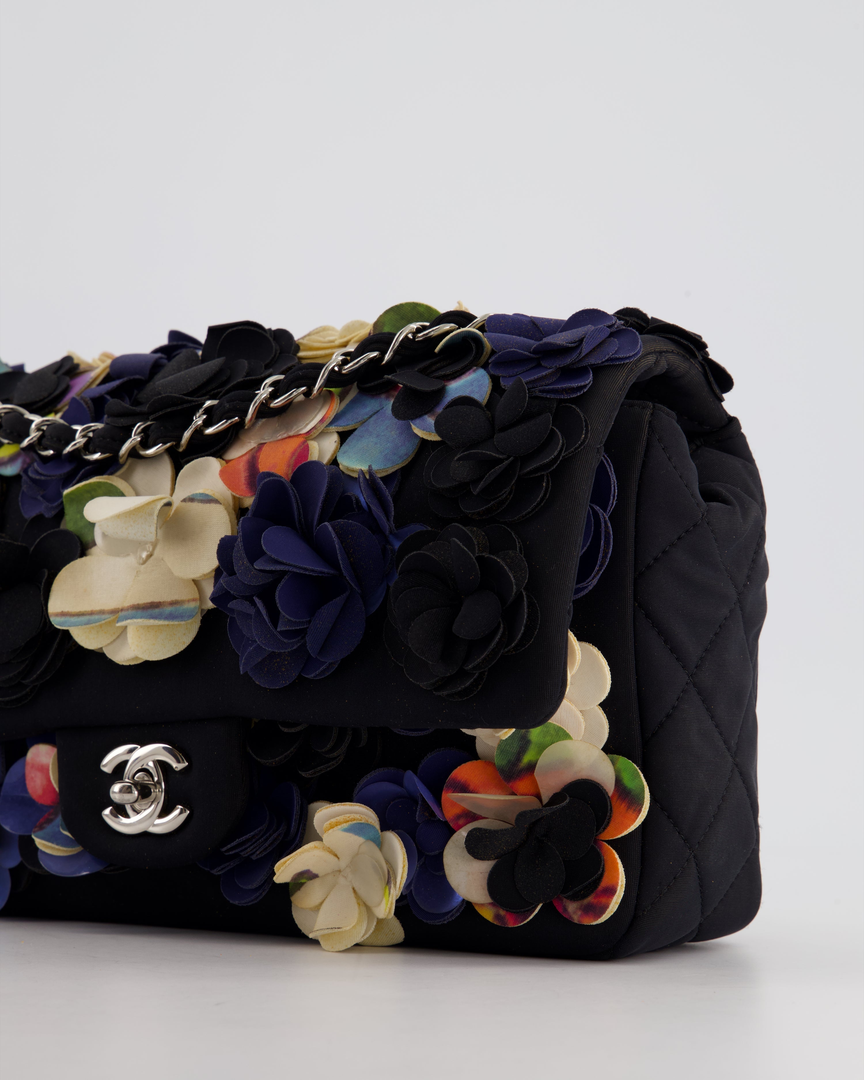 Chanel 15C Navy Camelia Embroidered Flap Bag in Fabric Material with Silver Hardware