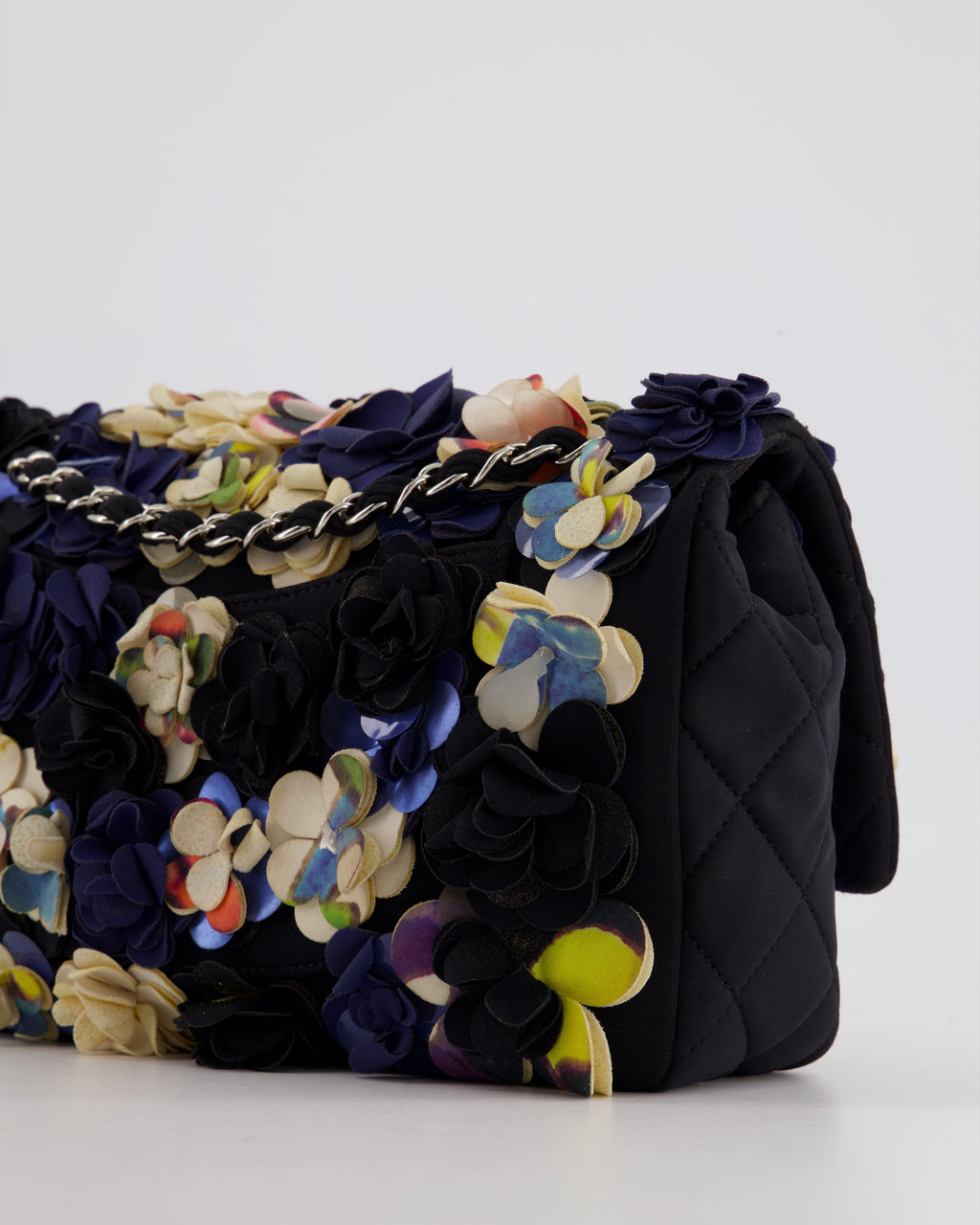 Chanel 15C Navy Camelia Embroidered Flap Bag in Fabric Material with Silver Hardware