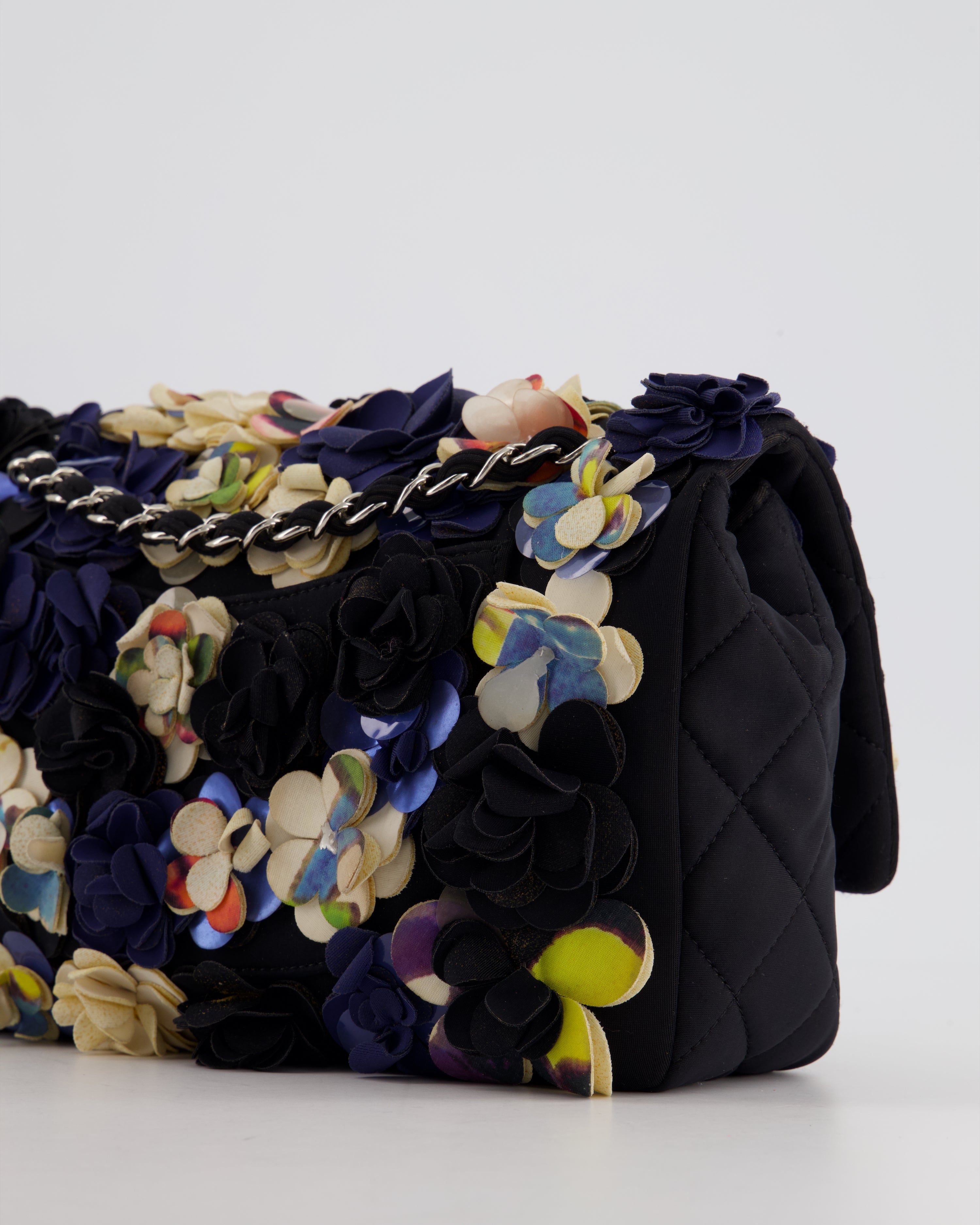 Chanel 15C Navy Camelia Embroidered Flap Bag in Fabric Material with Silver Hardware