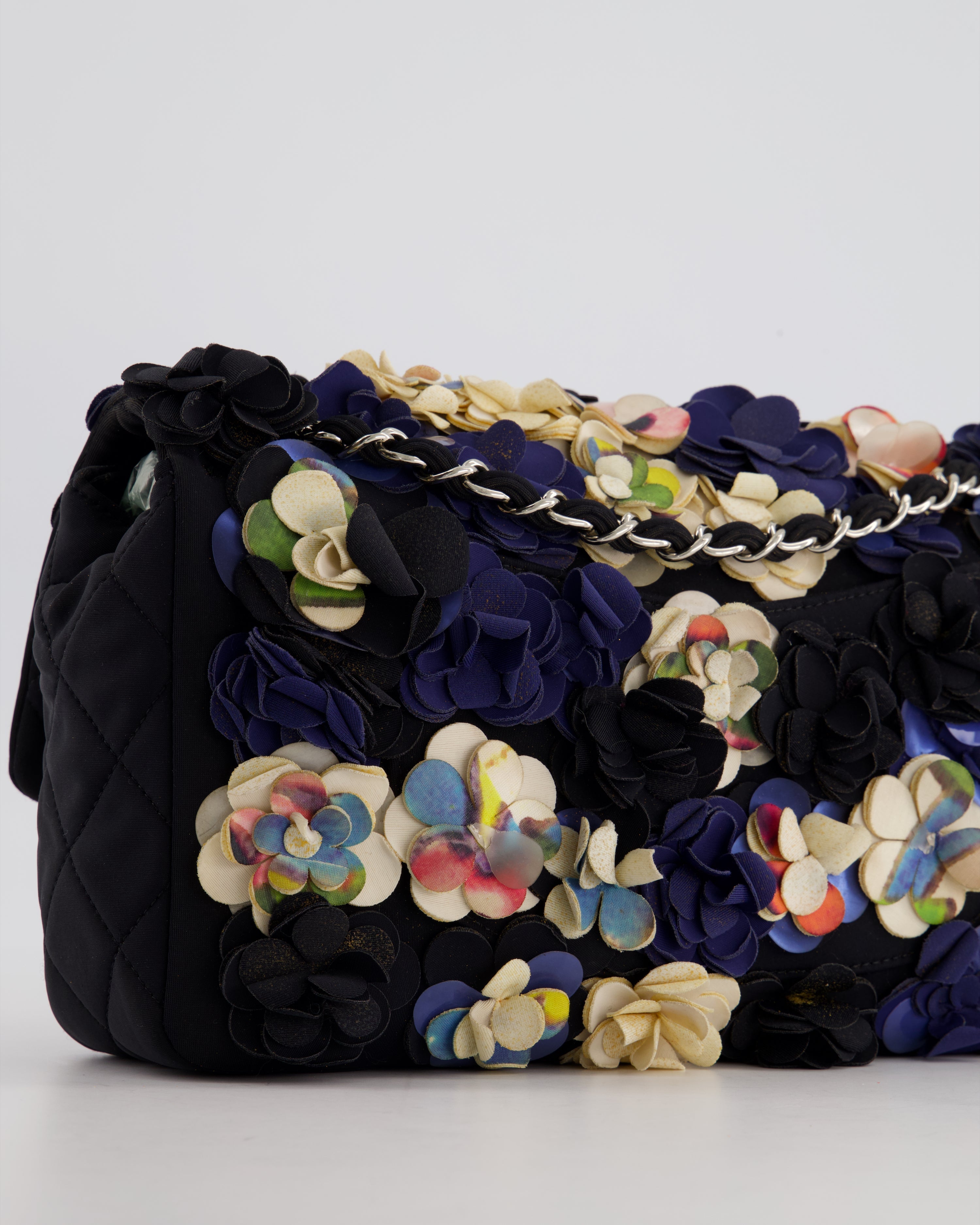Chanel 15C Navy Camelia Embroidered Flap Bag in Fabric Material with Silver Hardware