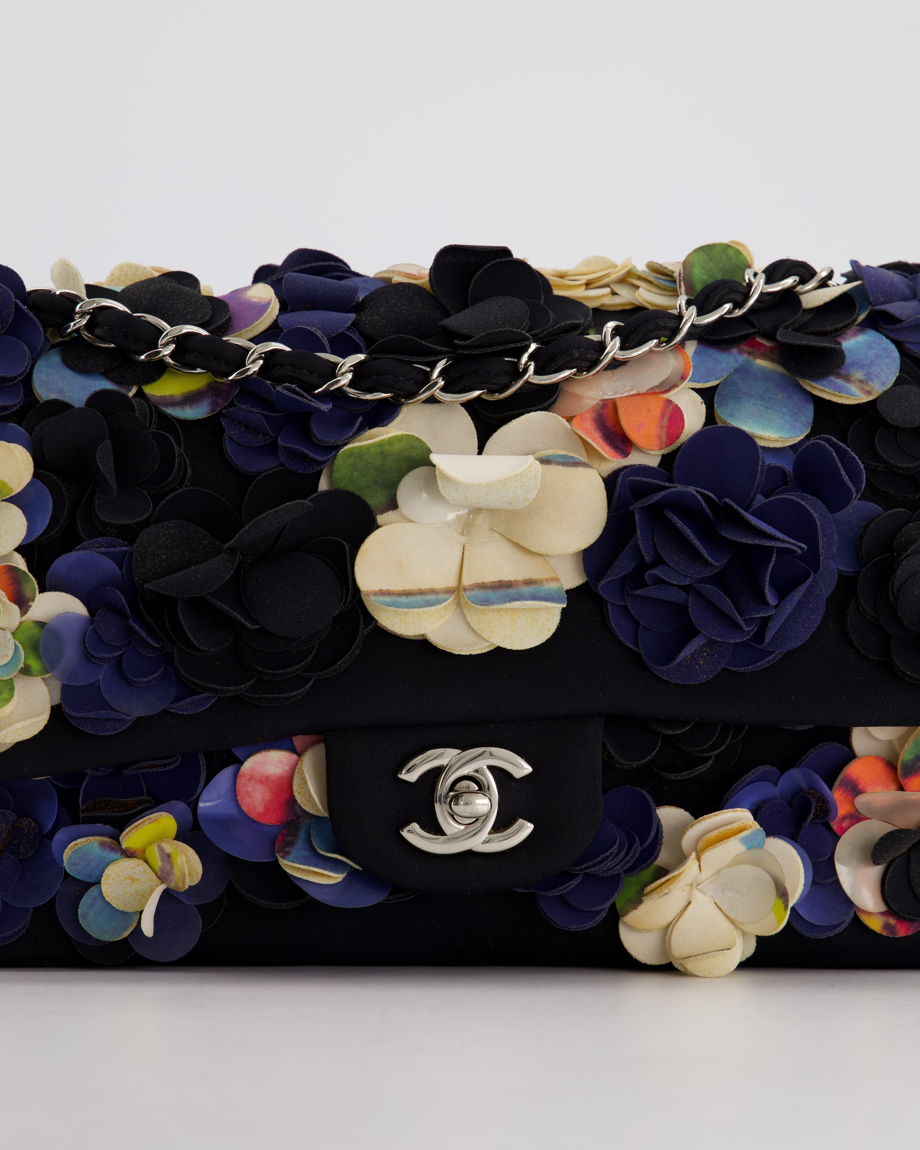 Chanel 15C Navy Camelia Embroidered Flap Bag in Fabric Material with Silver Hardware