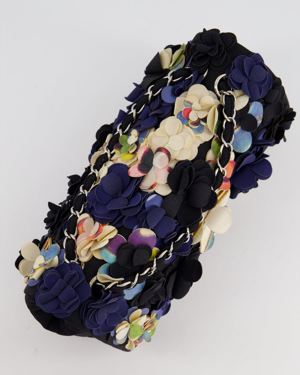 Chanel 15C Navy Camelia Embroidered Flap Bag in Fabric Material with Silver Hardware