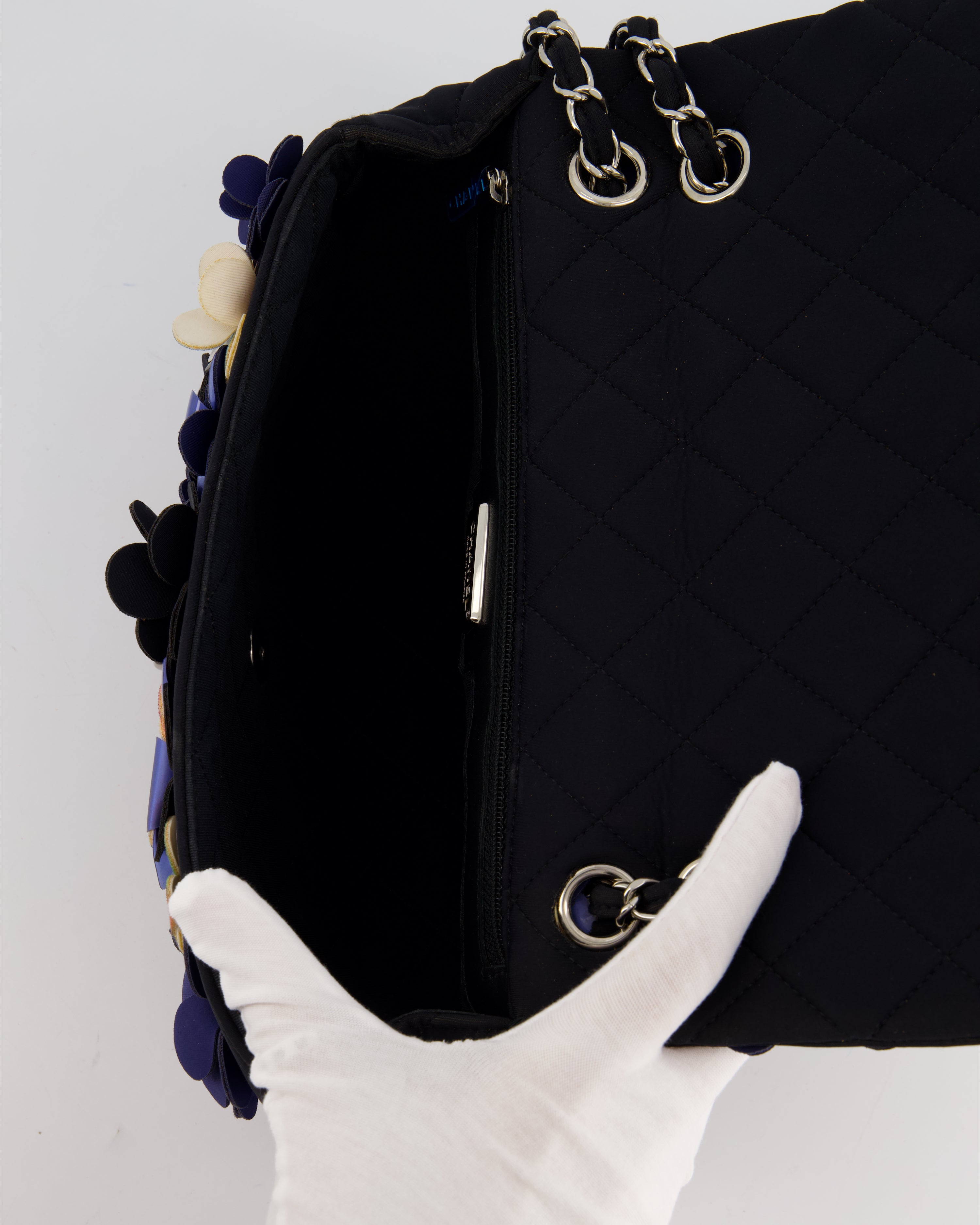 Chanel 15C Navy Camelia Embroidered Flap Bag in Fabric Material with Silver Hardware
