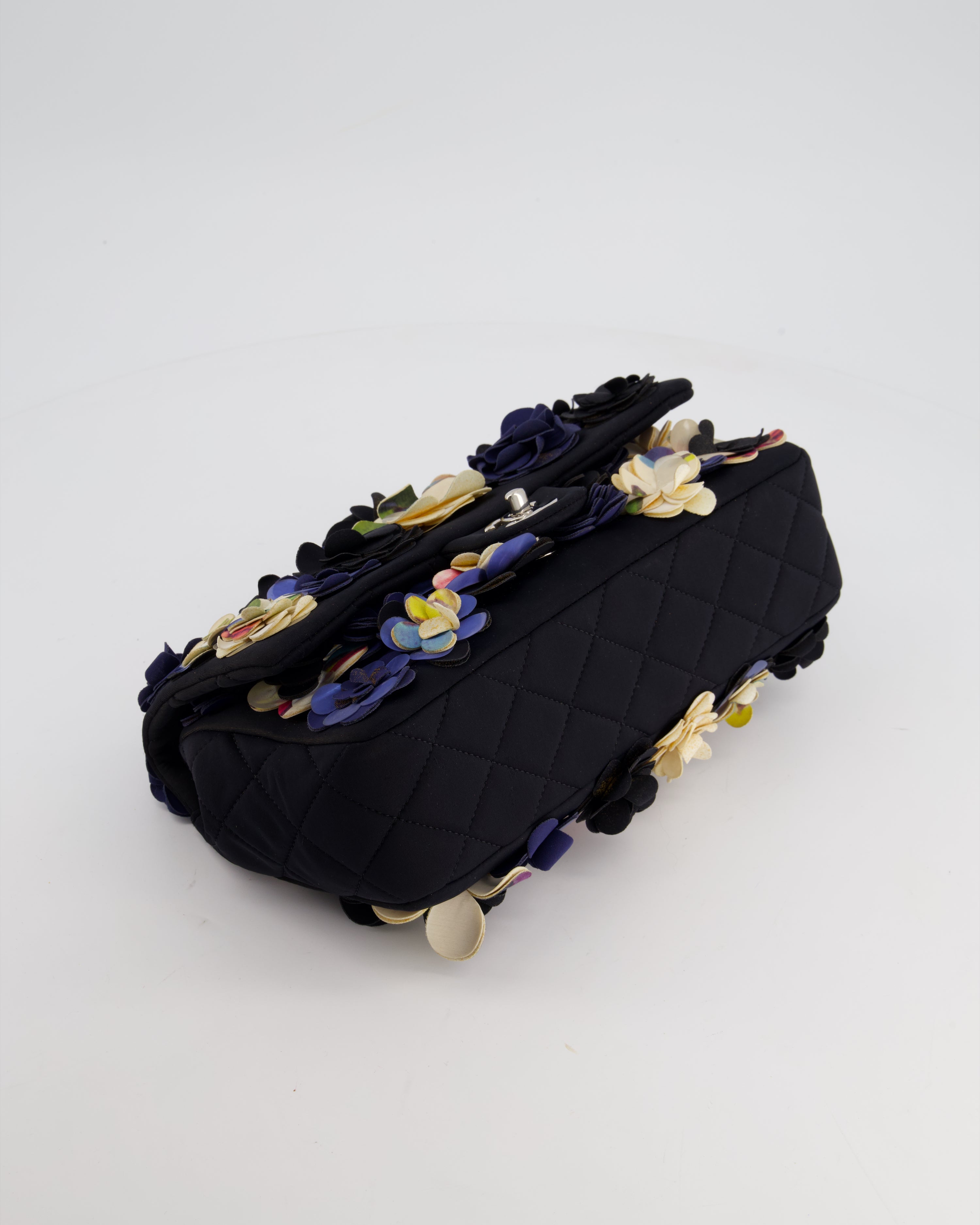 Chanel 15C Navy Camelia Embroidered Flap Bag in Fabric Material with Silver Hardware