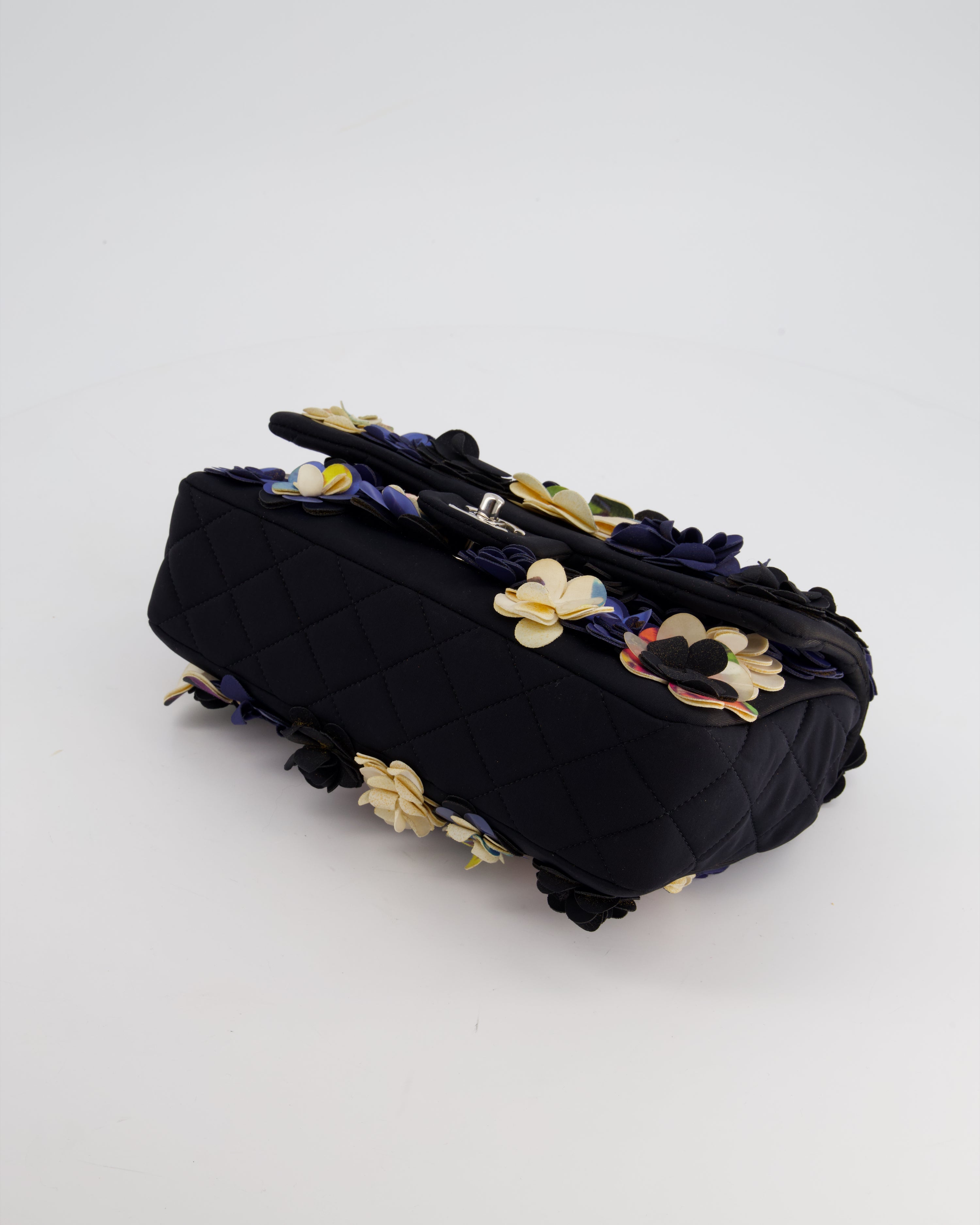 Chanel 15C Navy Camelia Embroidered Flap Bag in Fabric Material with Silver Hardware