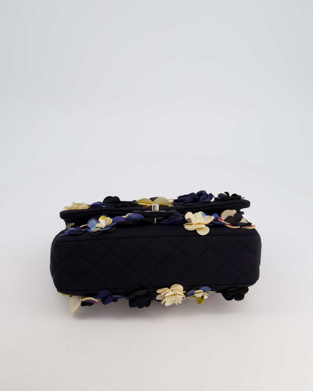 Chanel 15C Navy Camelia Embroidered Flap Bag in Fabric Material with Silver Hardware