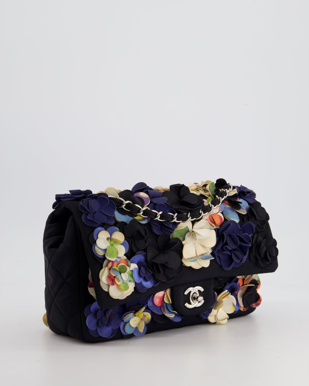 Chanel 15C Navy Camelia Embroidered Flap Bag in Fabric Material with Silver Hardware