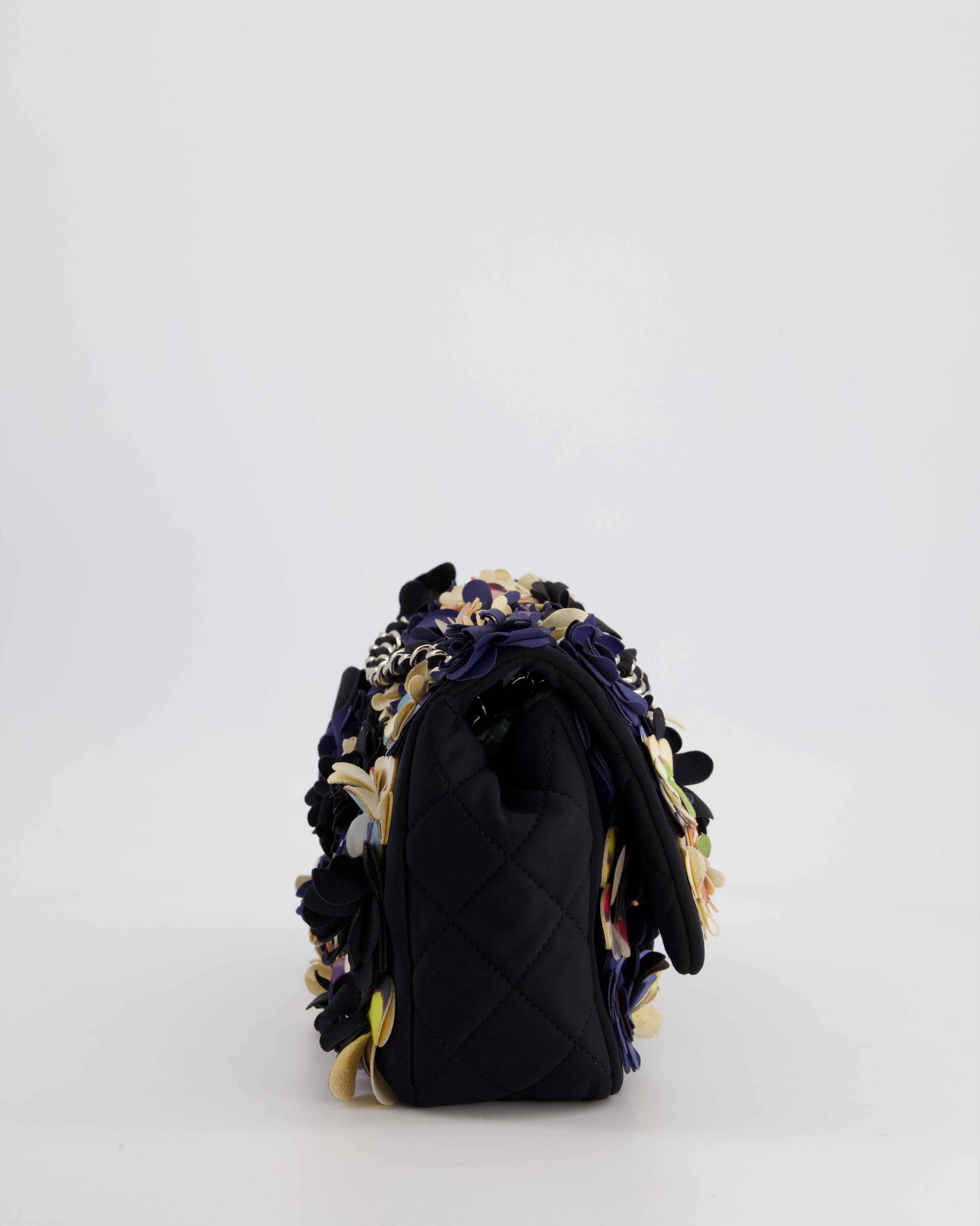 Chanel 15C Navy Camelia Embroidered Flap Bag in Fabric Material with Silver Hardware