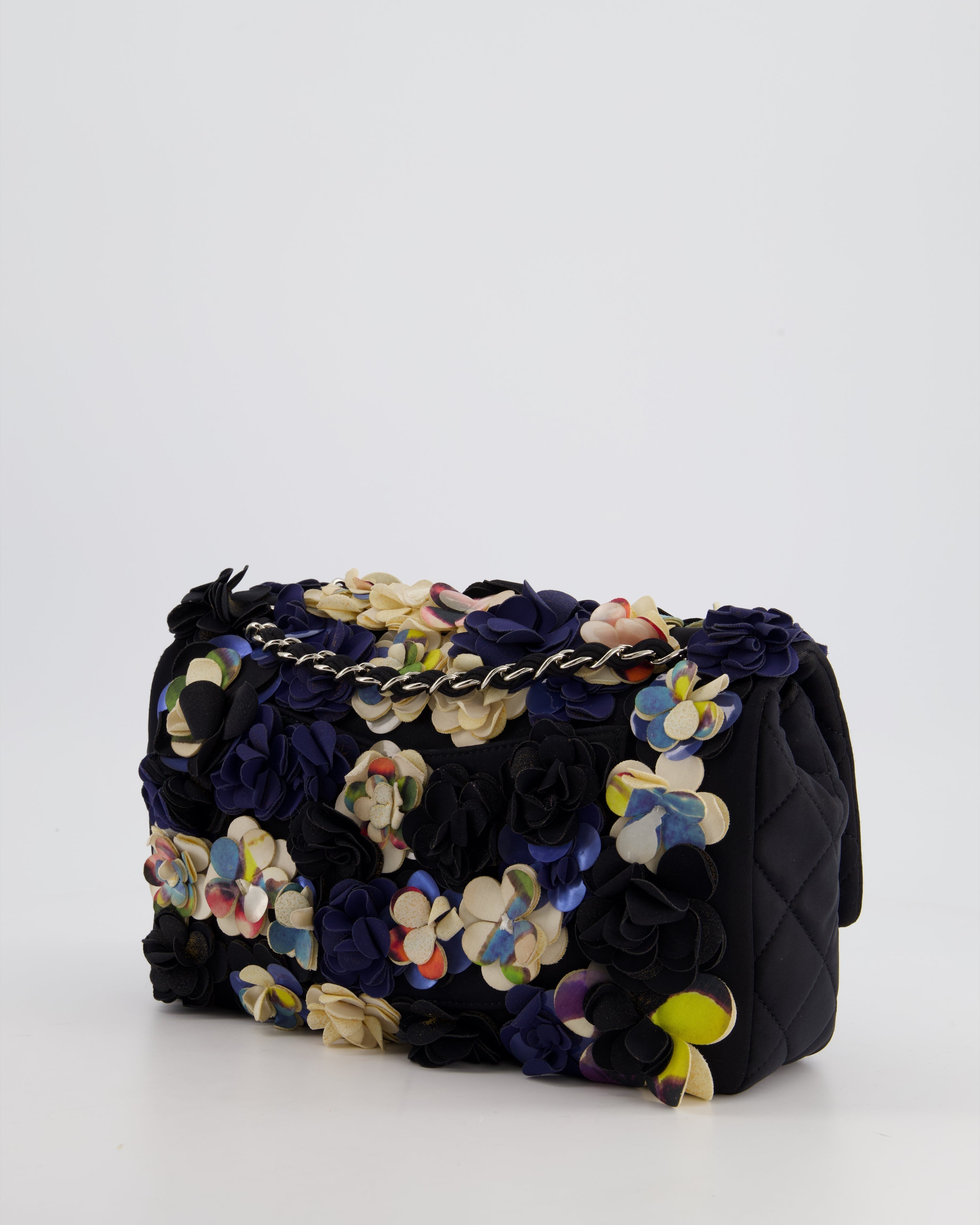 Chanel 15C Navy Camelia Embroidered Flap Bag in Fabric Material with Silver Hardware