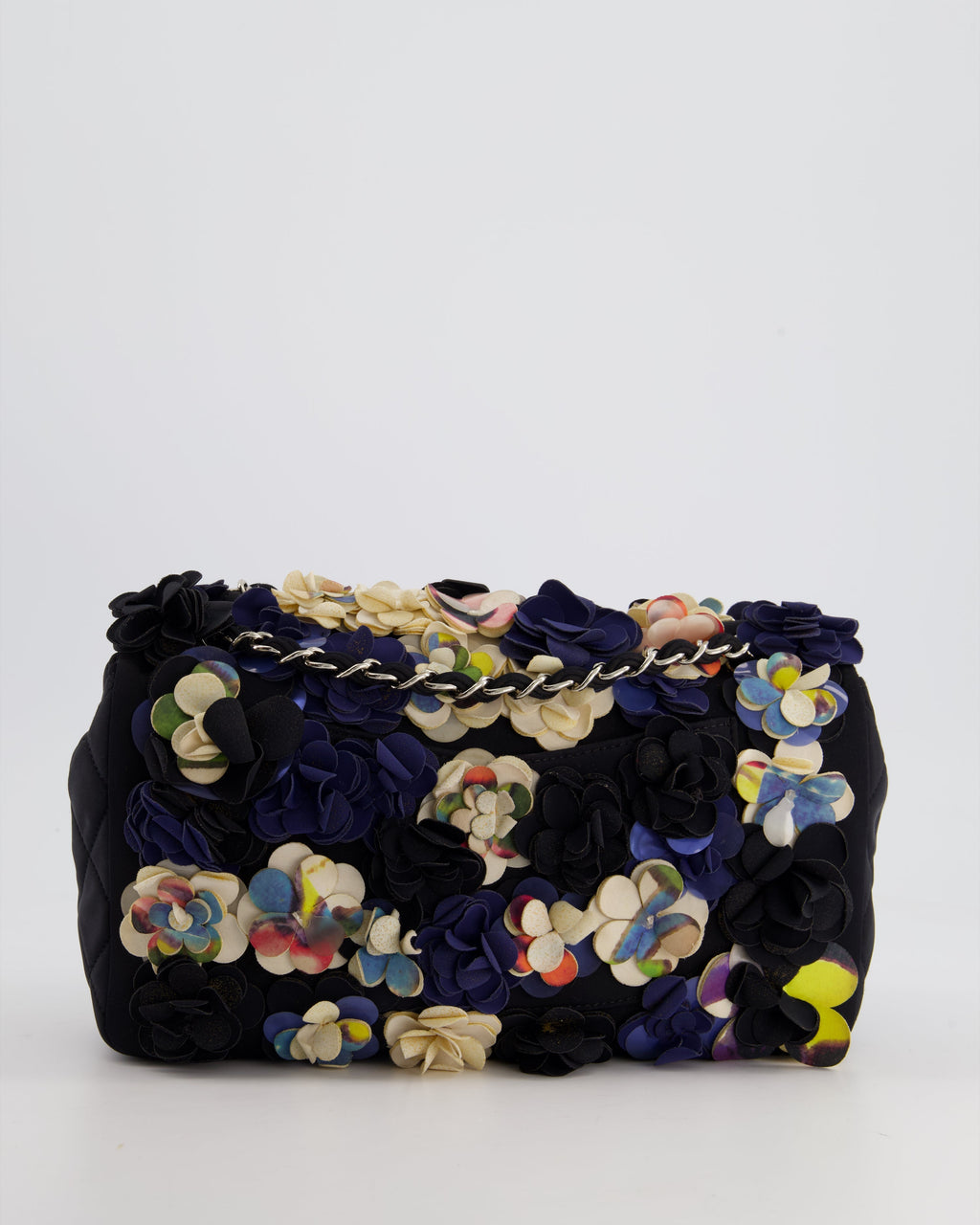 Chanel 15C Navy Camelia Embroidered Flap Bag in Fabric Material with Silver Hardware