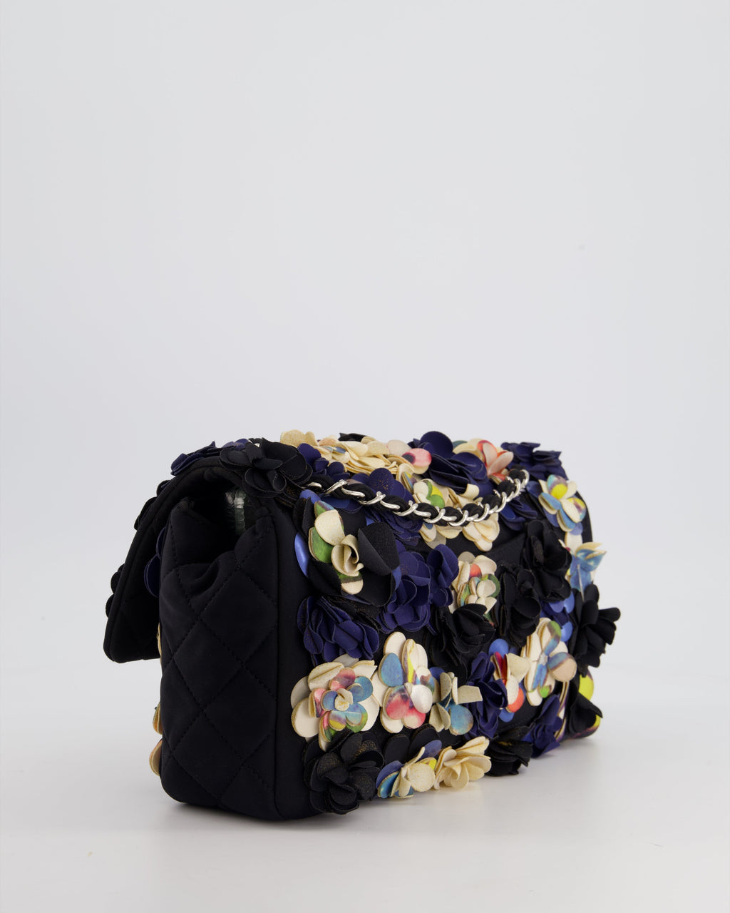 Chanel 15C Navy Camelia Embroidered Flap Bag in Fabric Material with Silver Hardware