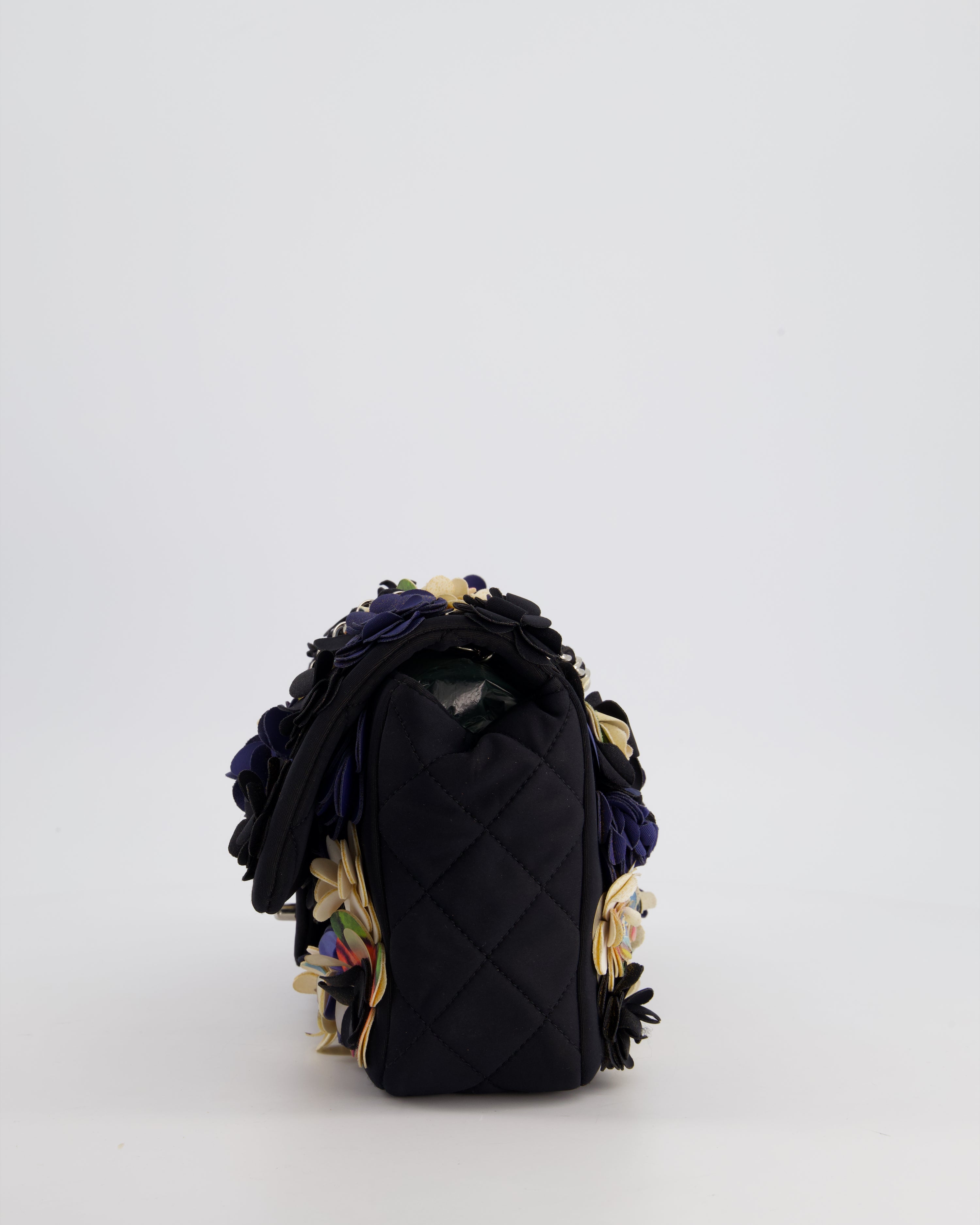 Chanel 15C Navy Camelia Embroidered Flap Bag in Fabric Material with Silver Hardware