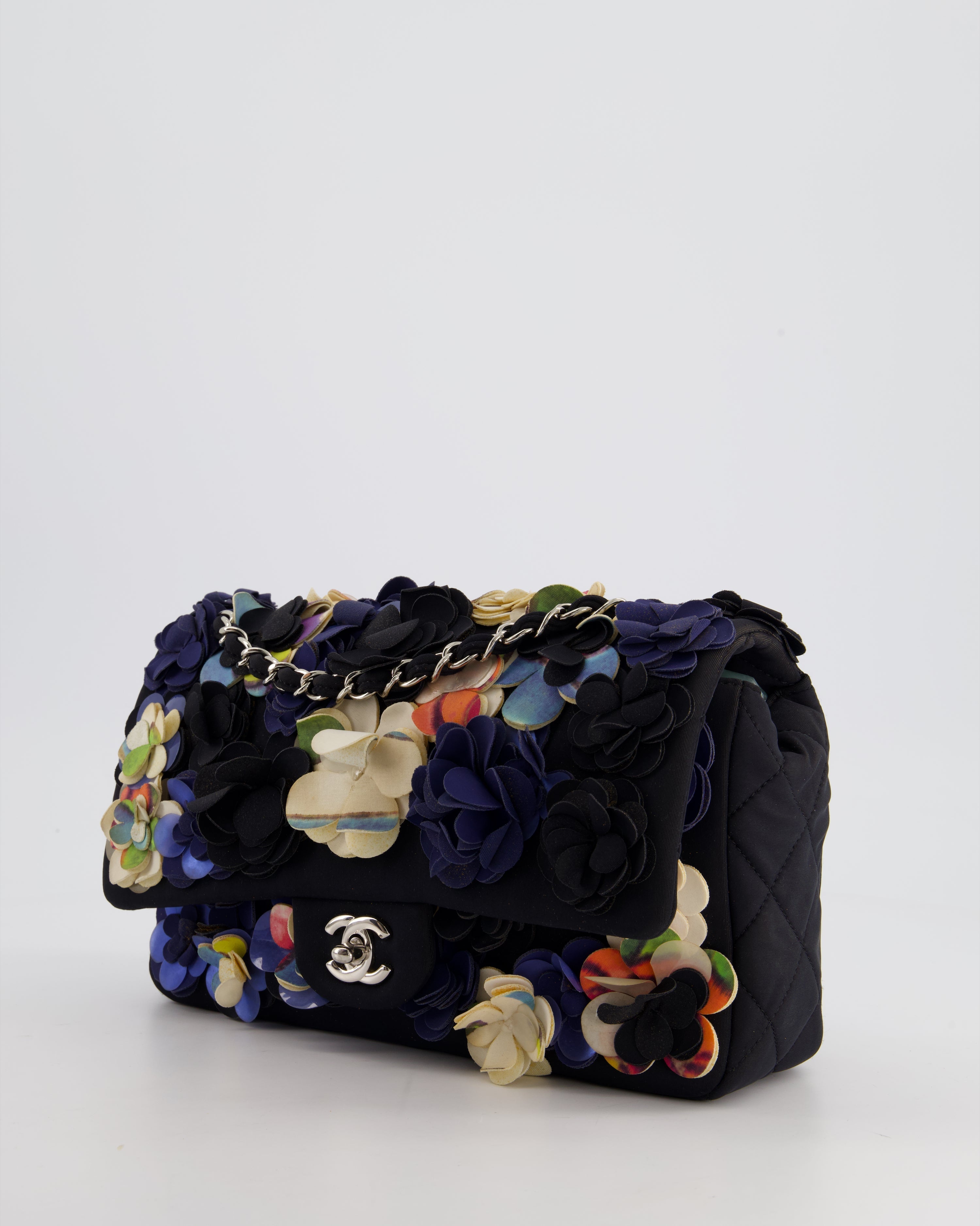 Chanel 15C Navy Camelia Embroidered Flap Bag in Fabric Material with Silver Hardware