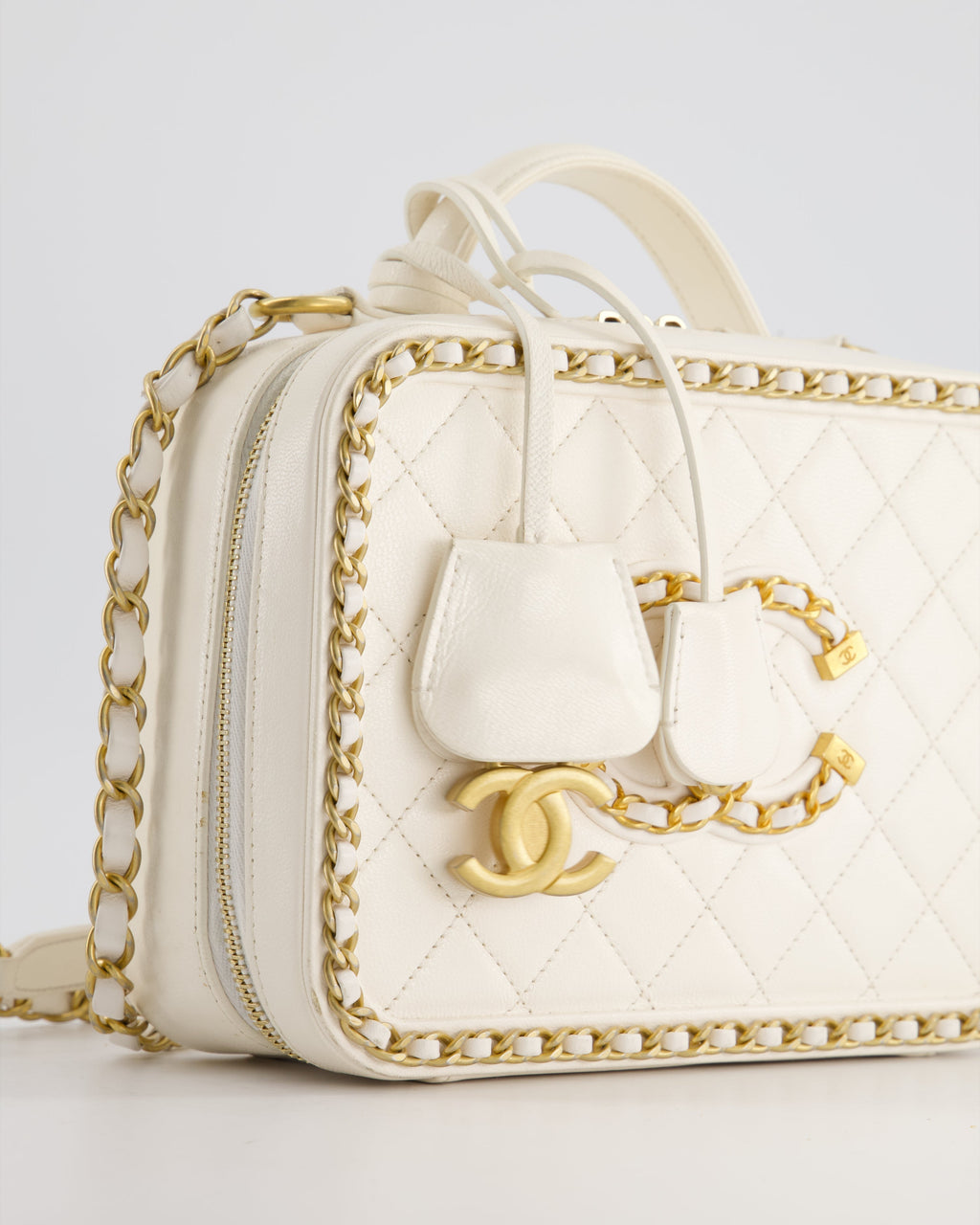 Chanel White Medium CC Filigree Vanity Case Bag in Shiny Calfskin Leather with Brushed Gold Hardware and Chain Detail