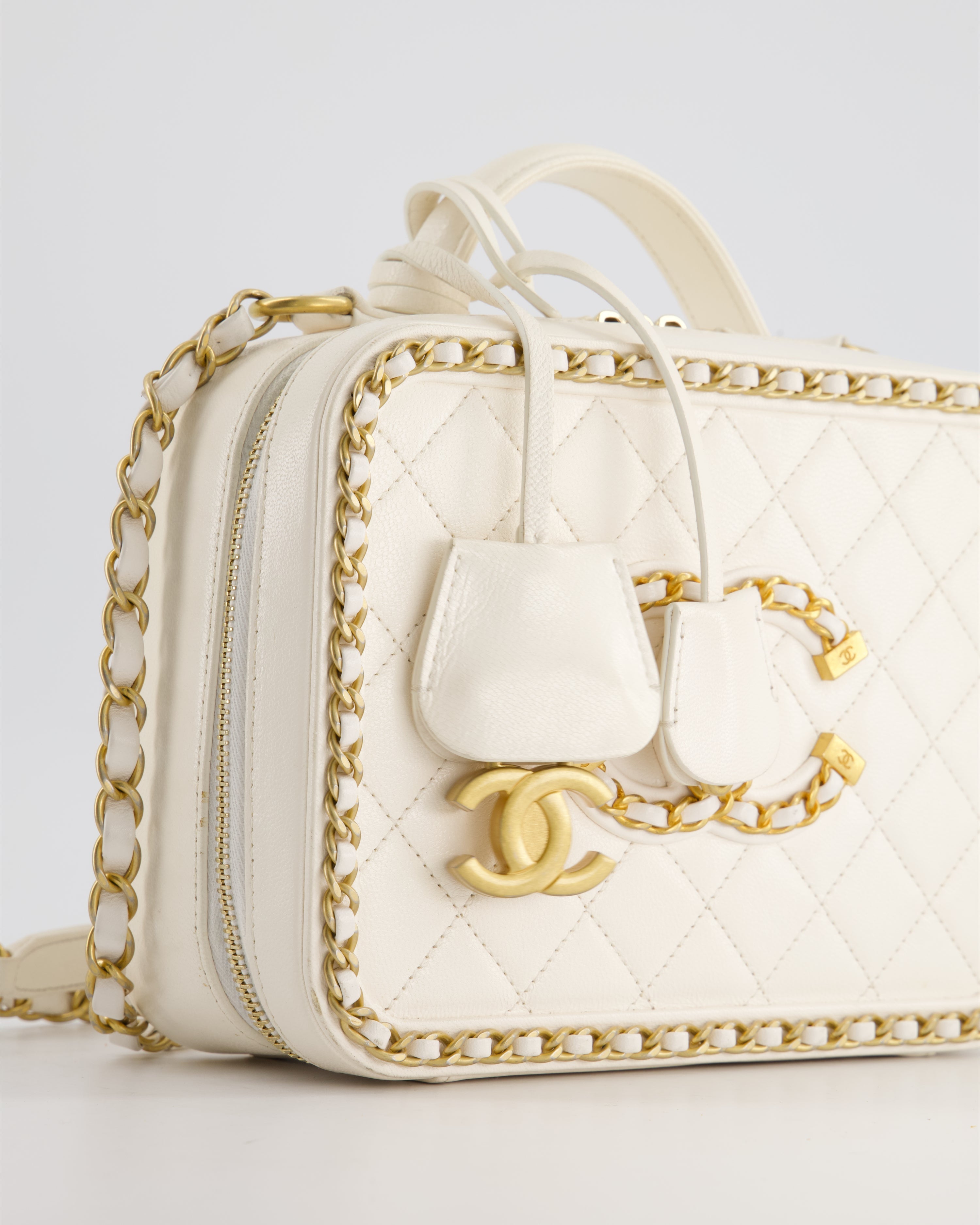 Chanel White Medium CC Filigree Vanity Case Bag in Shiny Calfskin Leather with Brushed Gold Hardware and Chain Detail