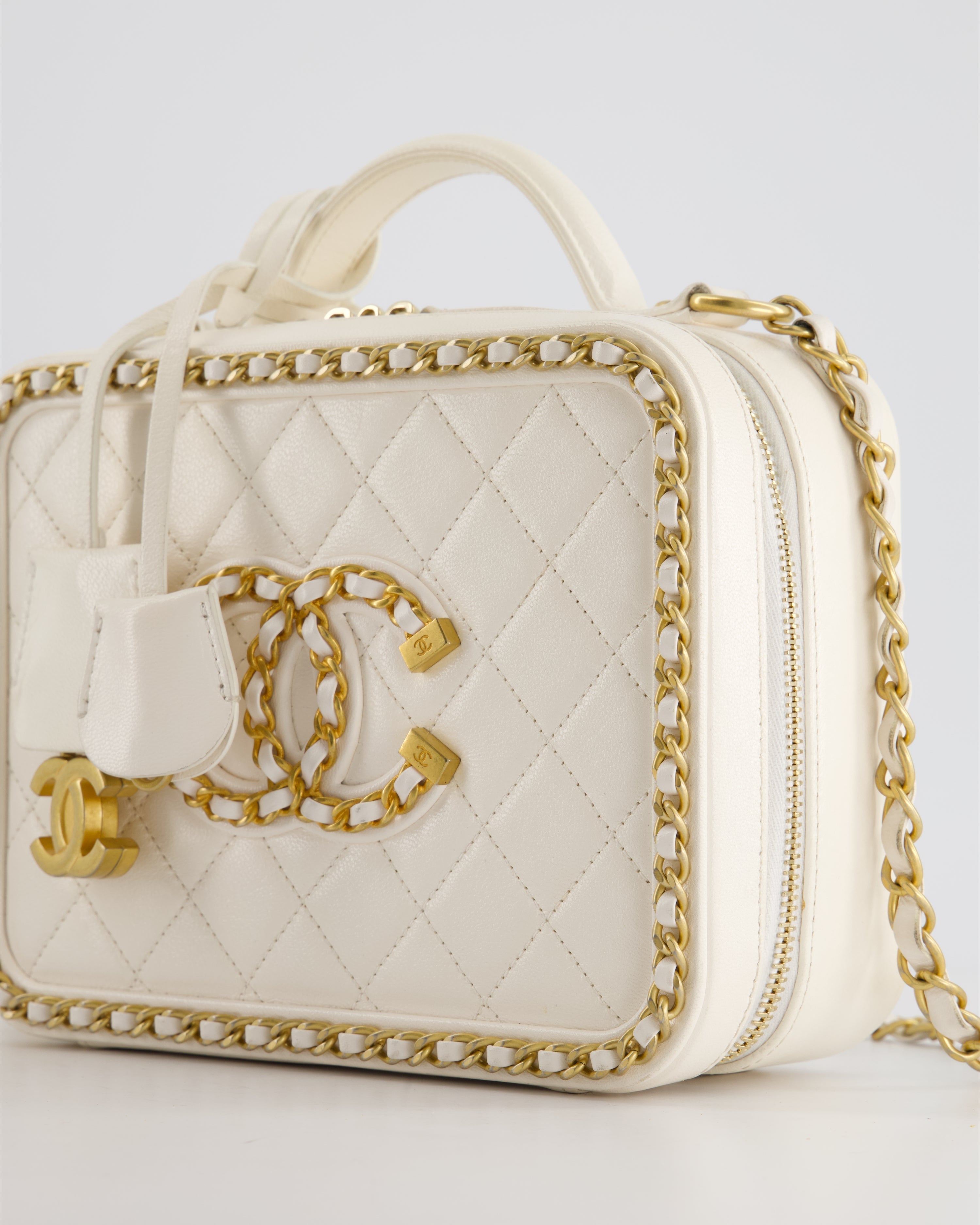 Chanel White Medium CC Filigree Vanity Case Bag in Shiny Calfskin Leather with Brushed Gold Hardware and Chain Detail