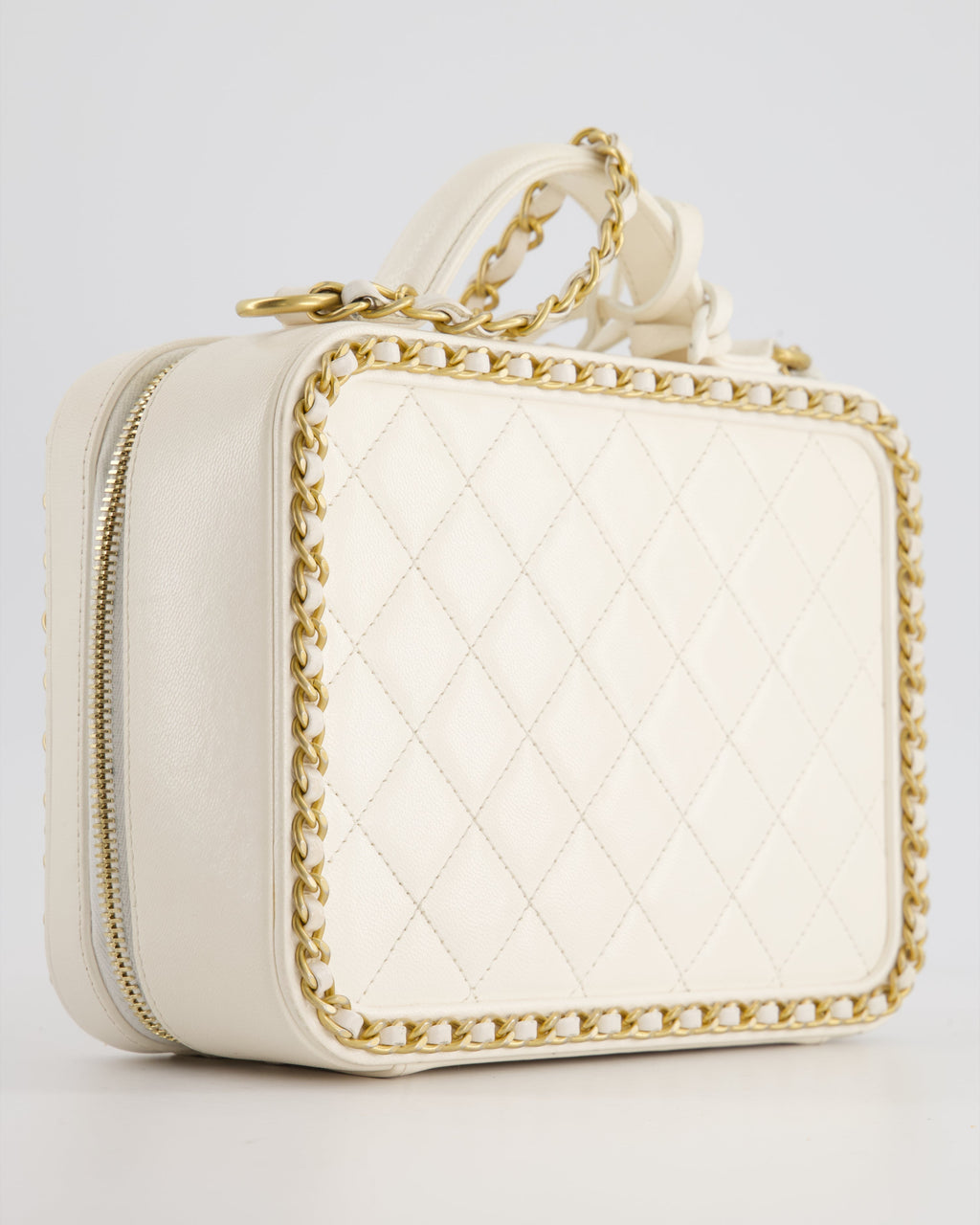 Chanel White Medium CC Filigree Vanity Case Bag in Shiny Calfskin Leather with Brushed Gold Hardware and Chain Detail