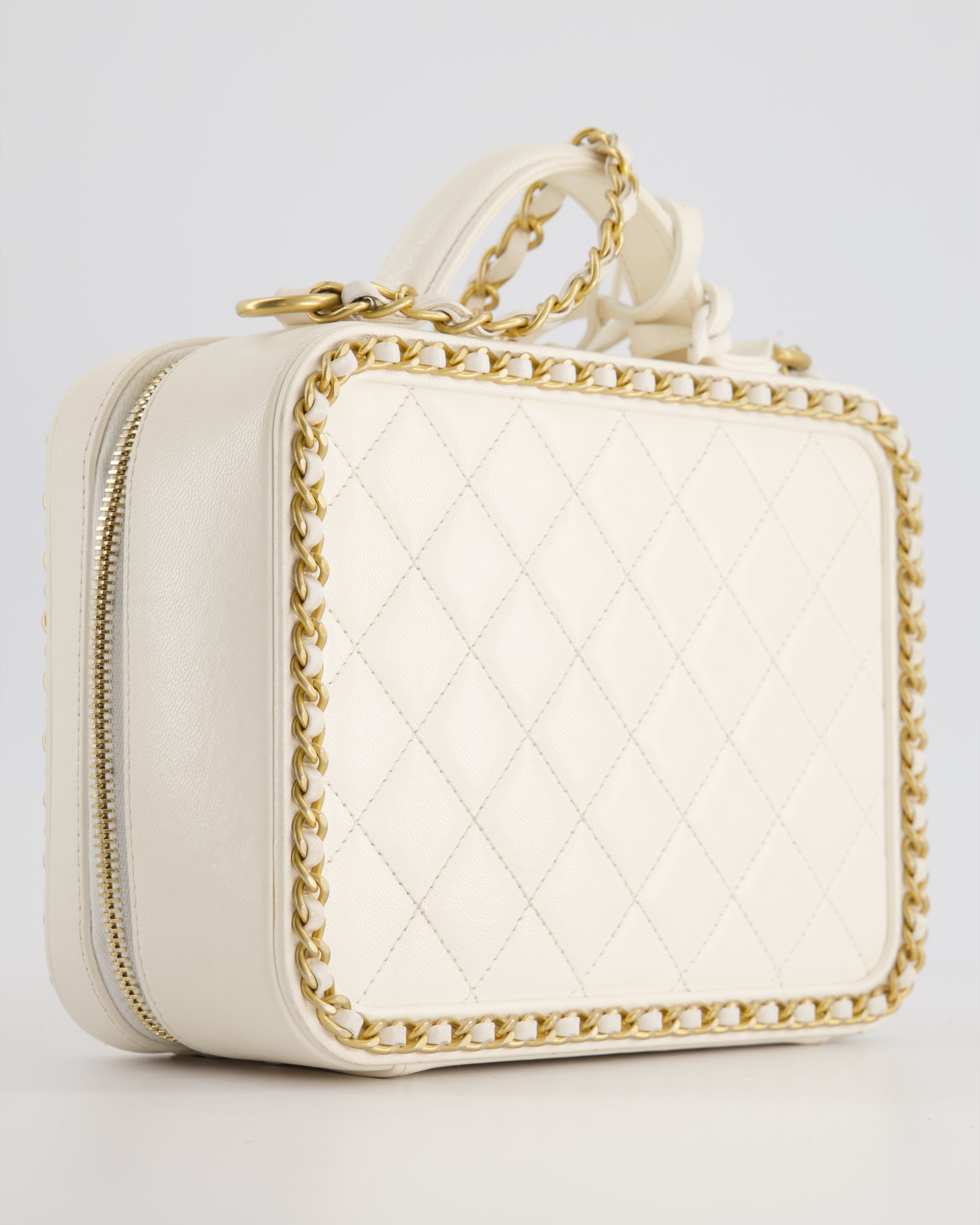 Chanel White Medium CC Filigree Vanity Case Bag in Shiny Calfskin Leather with Brushed Gold Hardware and Chain Detail