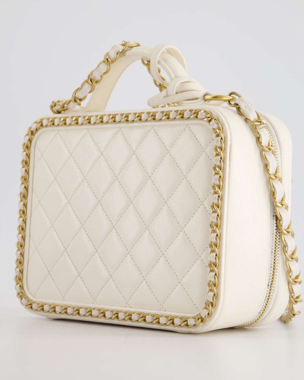 Chanel White Medium CC Filigree Vanity Case Bag in Shiny Calfskin Leather with Brushed Gold Hardware and Chain Detail
