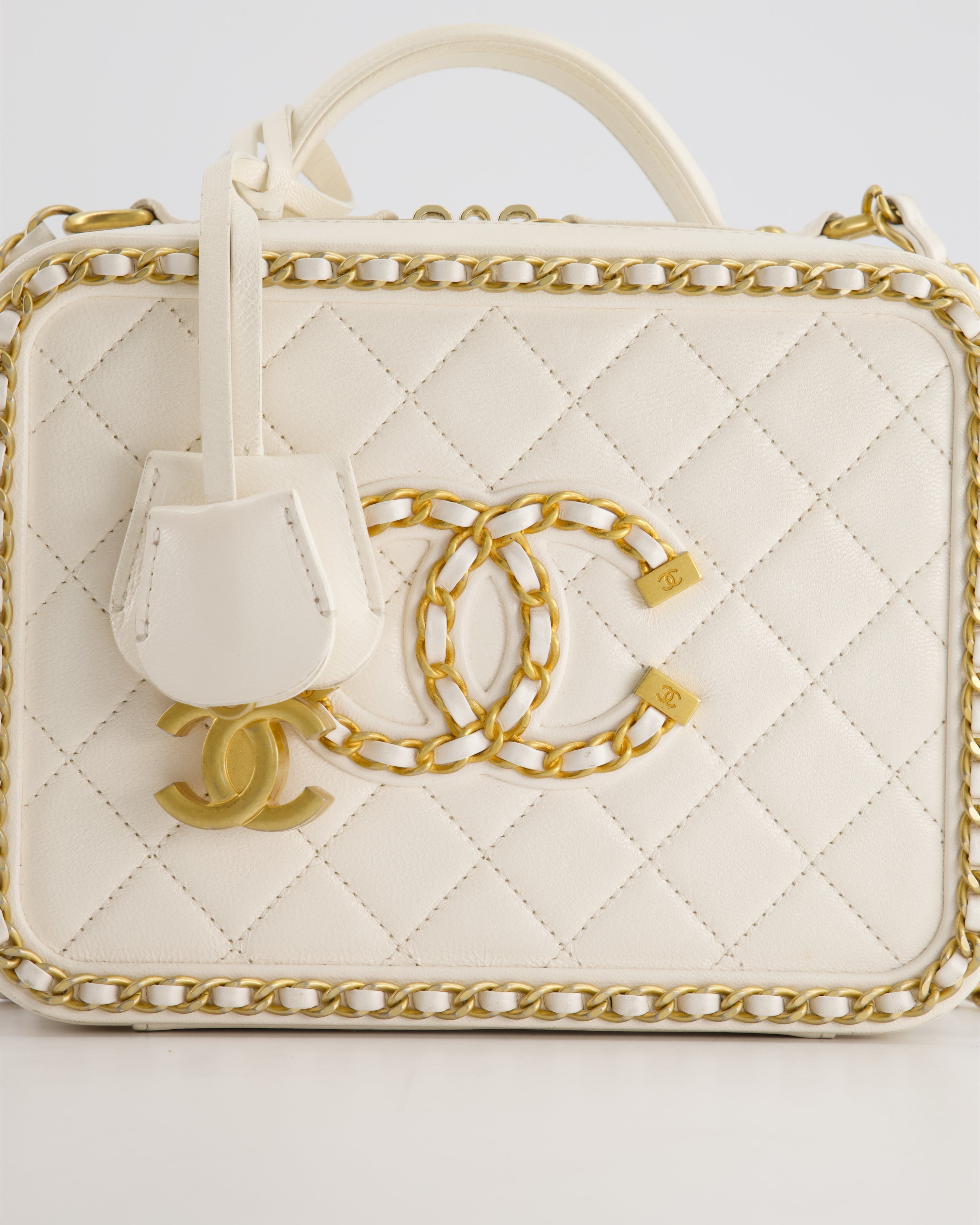 Chanel White Medium CC Filigree Vanity Case Bag in Shiny Calfskin Leather with Brushed Gold Hardware and Chain Detail