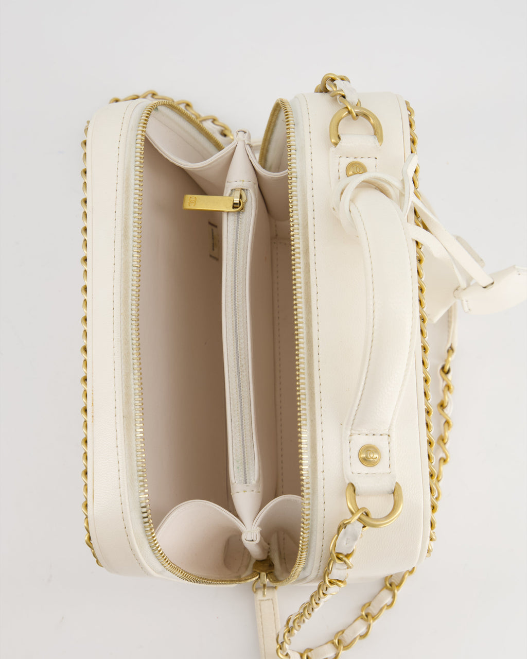 Chanel White Medium CC Filigree Vanity Case Bag in Shiny Calfskin Leather with Brushed Gold Hardware and Chain Detail