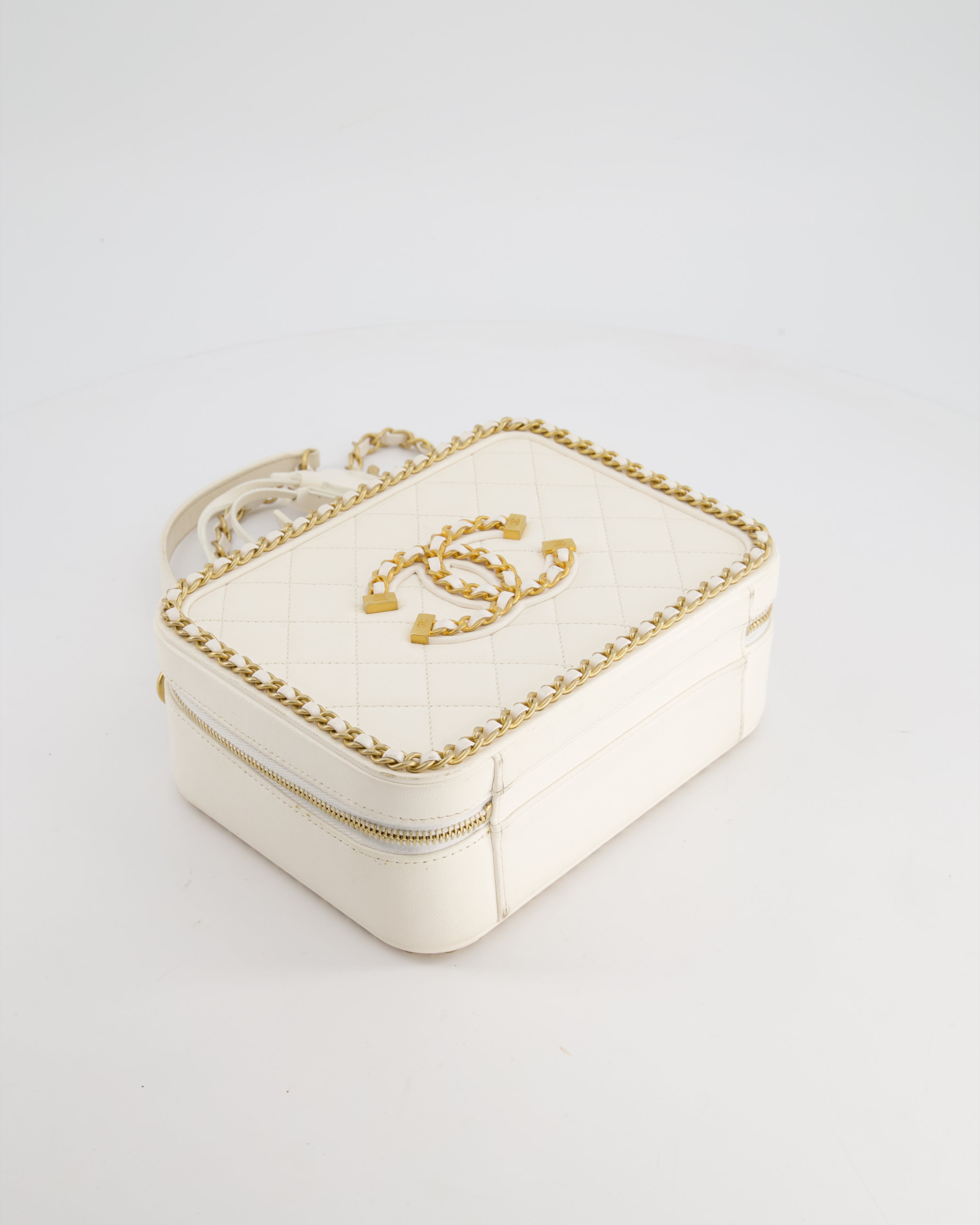 Chanel White Medium CC Filigree Vanity Case Bag in Shiny Calfskin Leather with Brushed Gold Hardware and Chain Detail