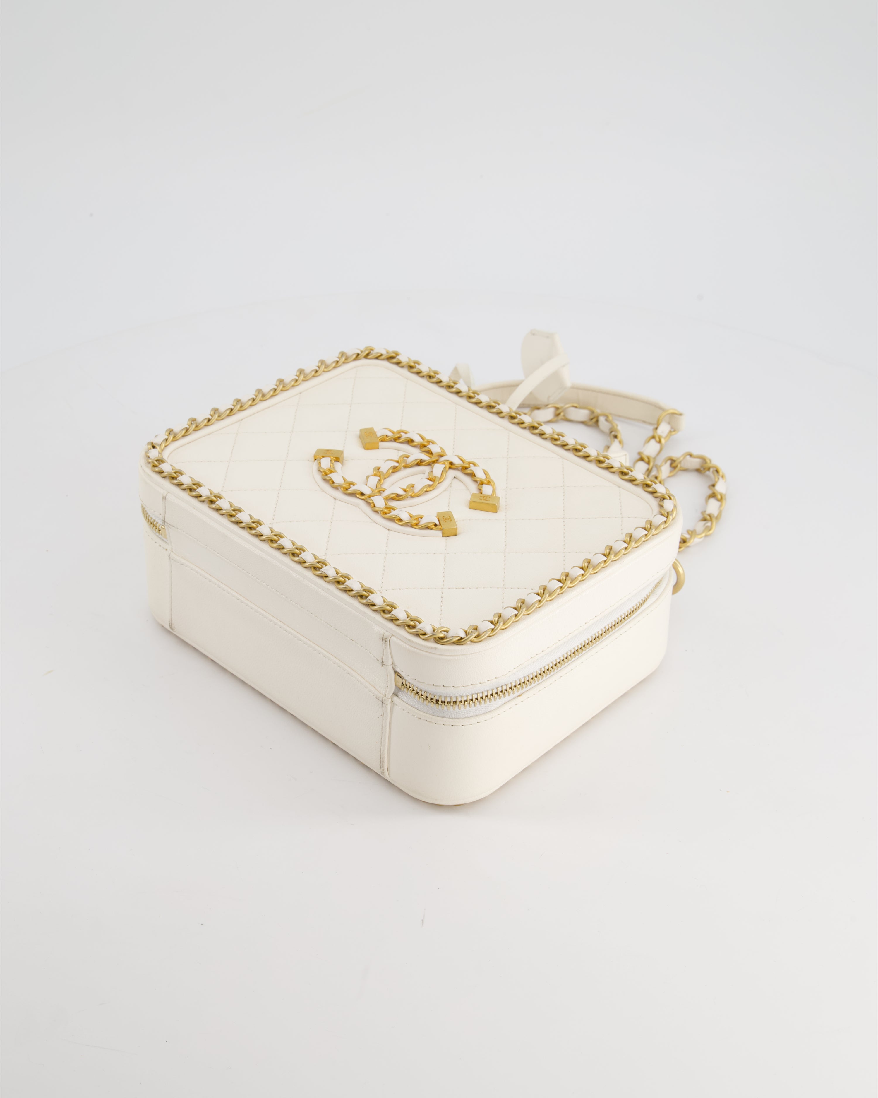 Chanel White Medium CC Filigree Vanity Case Bag in Shiny Calfskin Leather with Brushed Gold Hardware and Chain Detail