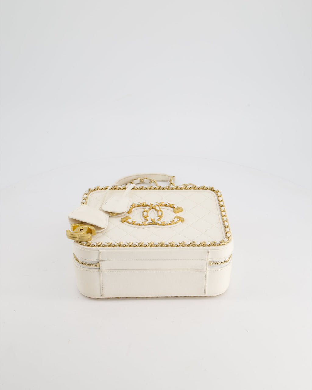 Chanel White Medium CC Filigree Vanity Case Bag in Shiny Calfskin Leather with Brushed Gold Hardware and Chain Detail