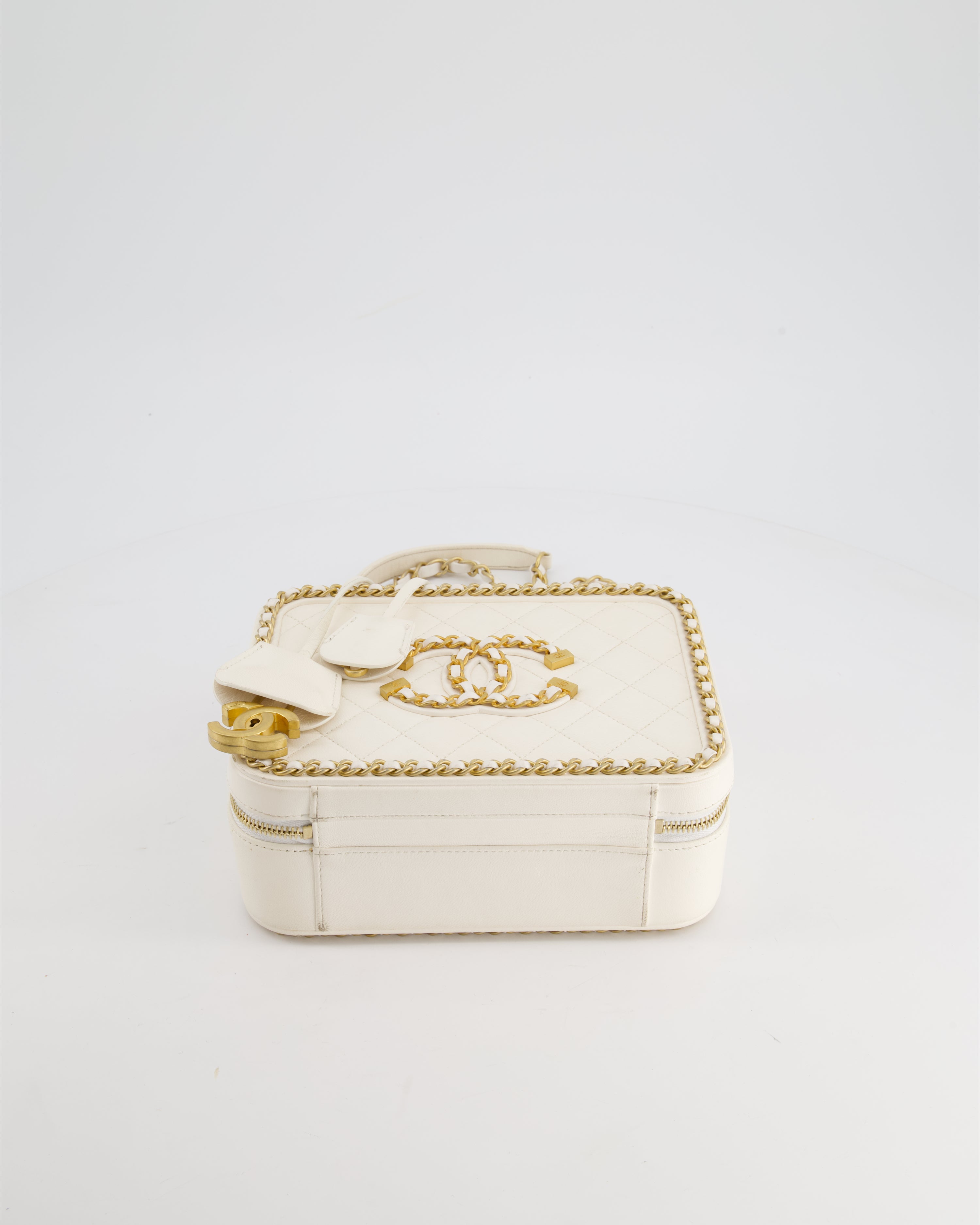 Chanel White Medium CC Filigree Vanity Case Bag in Shiny Calfskin Leather with Brushed Gold Hardware and Chain Detail