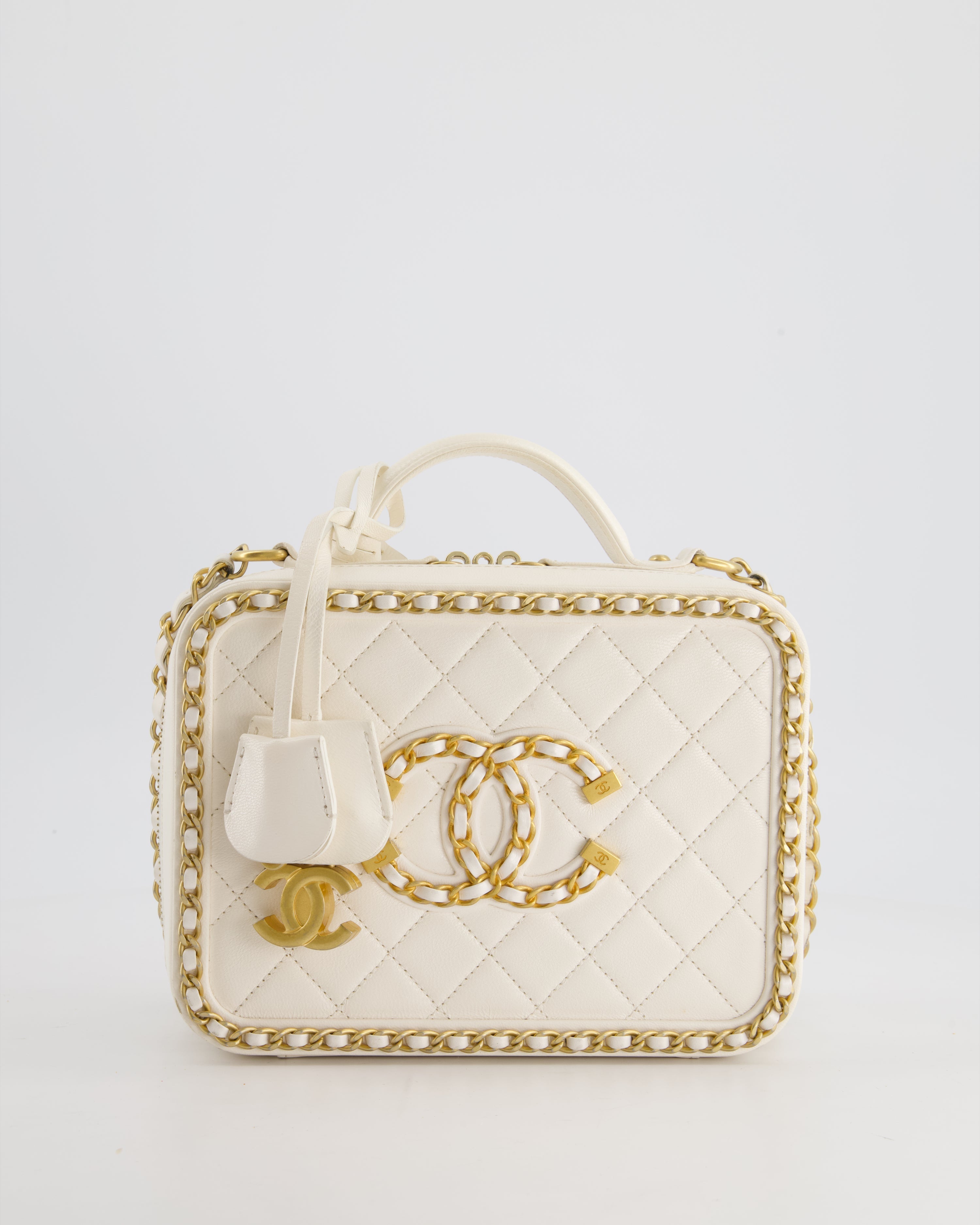 Chanel White Medium CC Filigree Vanity Case Bag in Shiny Calfskin Leather with Brushed Gold Hardware and Chain Detail
