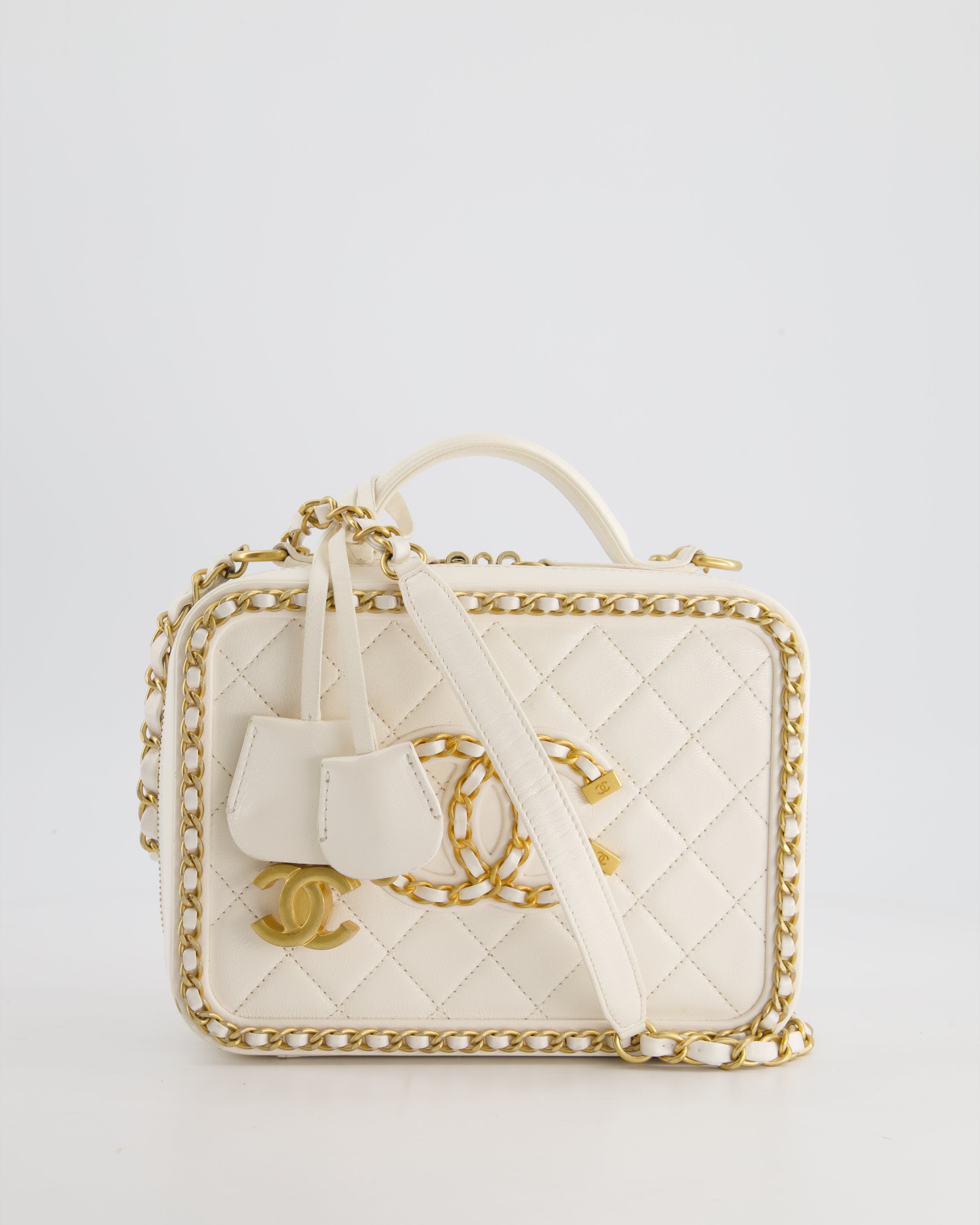 Chanel White Medium CC Filigree Vanity Case Bag in Shiny Calfskin Leather with Brushed Gold Hardware and Chain Detail