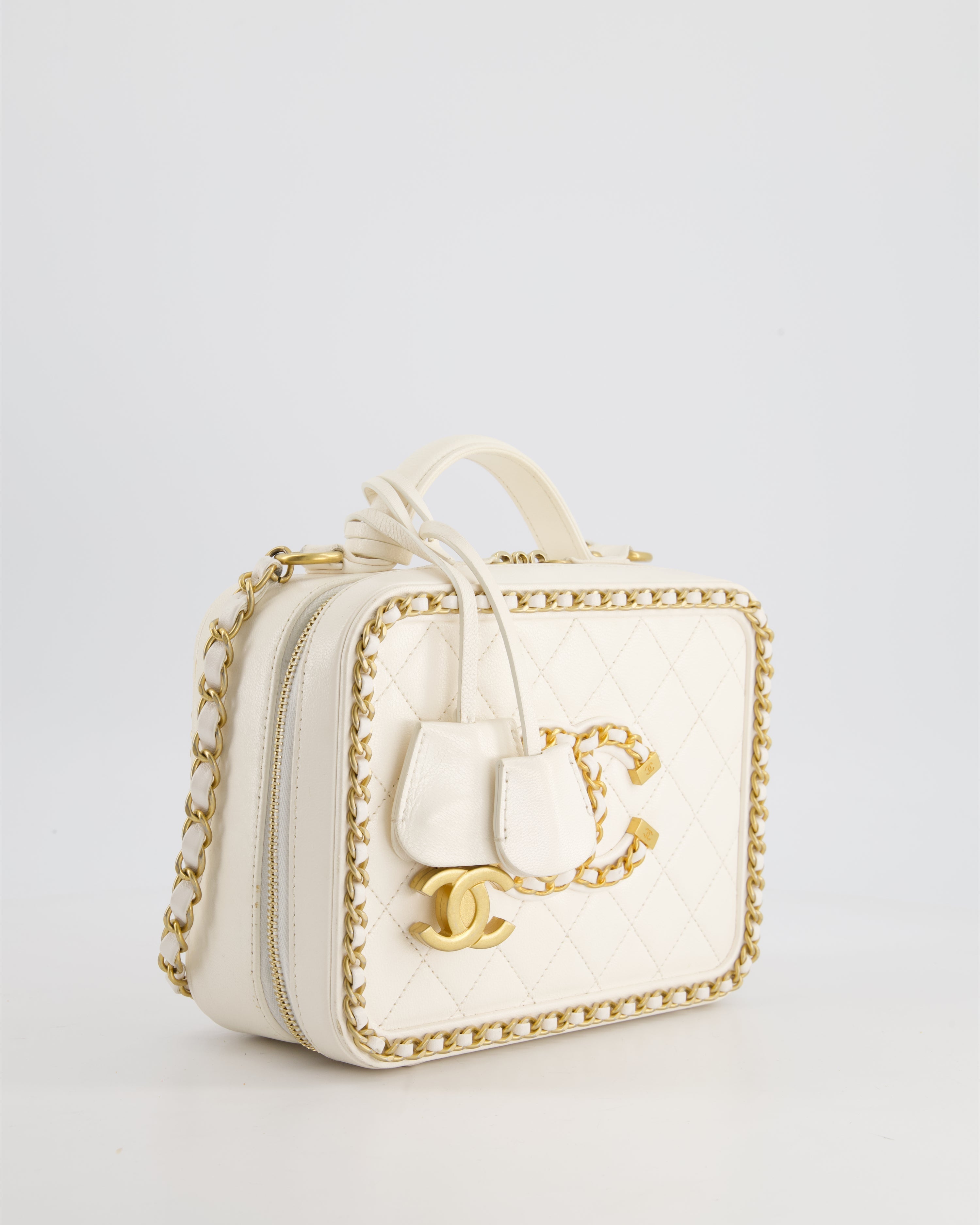 Chanel White Medium CC Filigree Vanity Case Bag in Shiny Calfskin Leather with Brushed Gold Hardware and Chain Detail