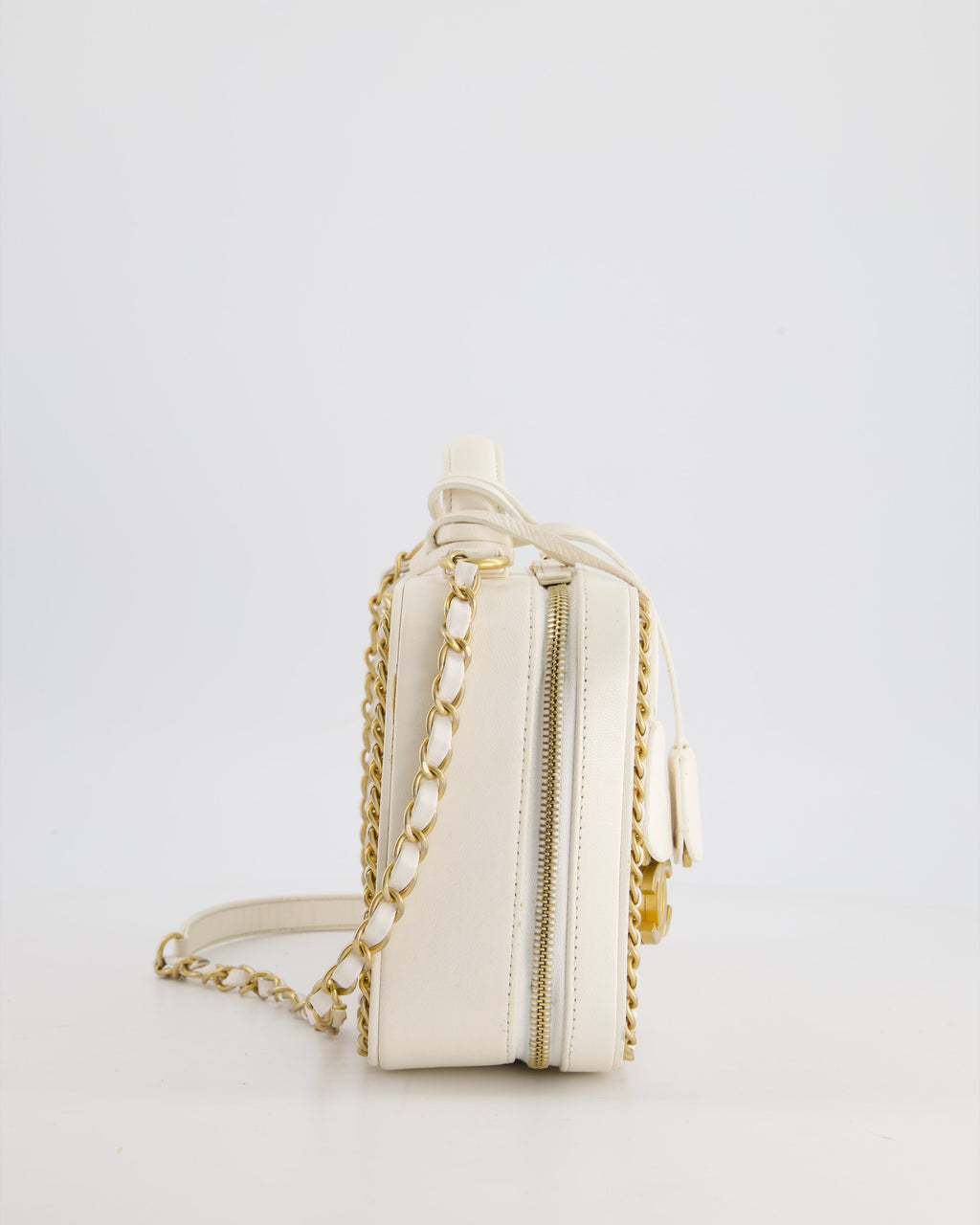 Chanel White Medium CC Filigree Vanity Case Bag in Shiny Calfskin Leather with Brushed Gold Hardware and Chain Detail