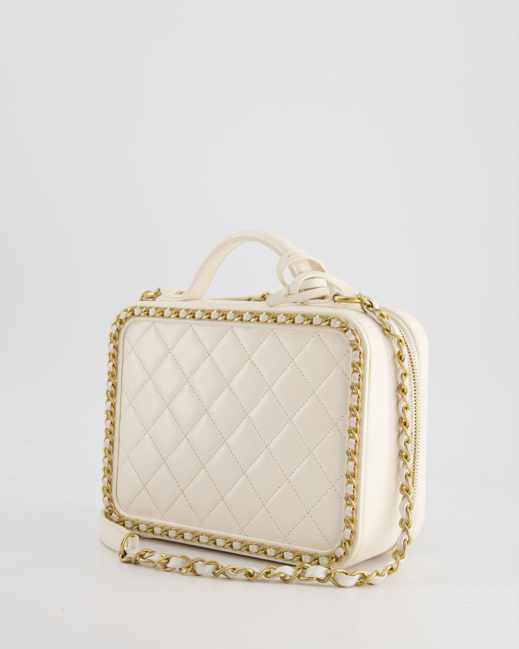 Chanel White Medium CC Filigree Vanity Case Bag in Shiny Calfskin Leather with Brushed Gold Hardware and Chain Detail