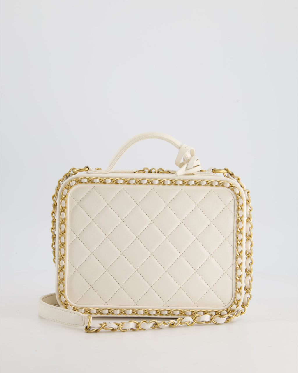 Chanel White Medium CC Filigree Vanity Case Bag in Shiny Calfskin Leather with Brushed Gold Hardware and Chain Detail