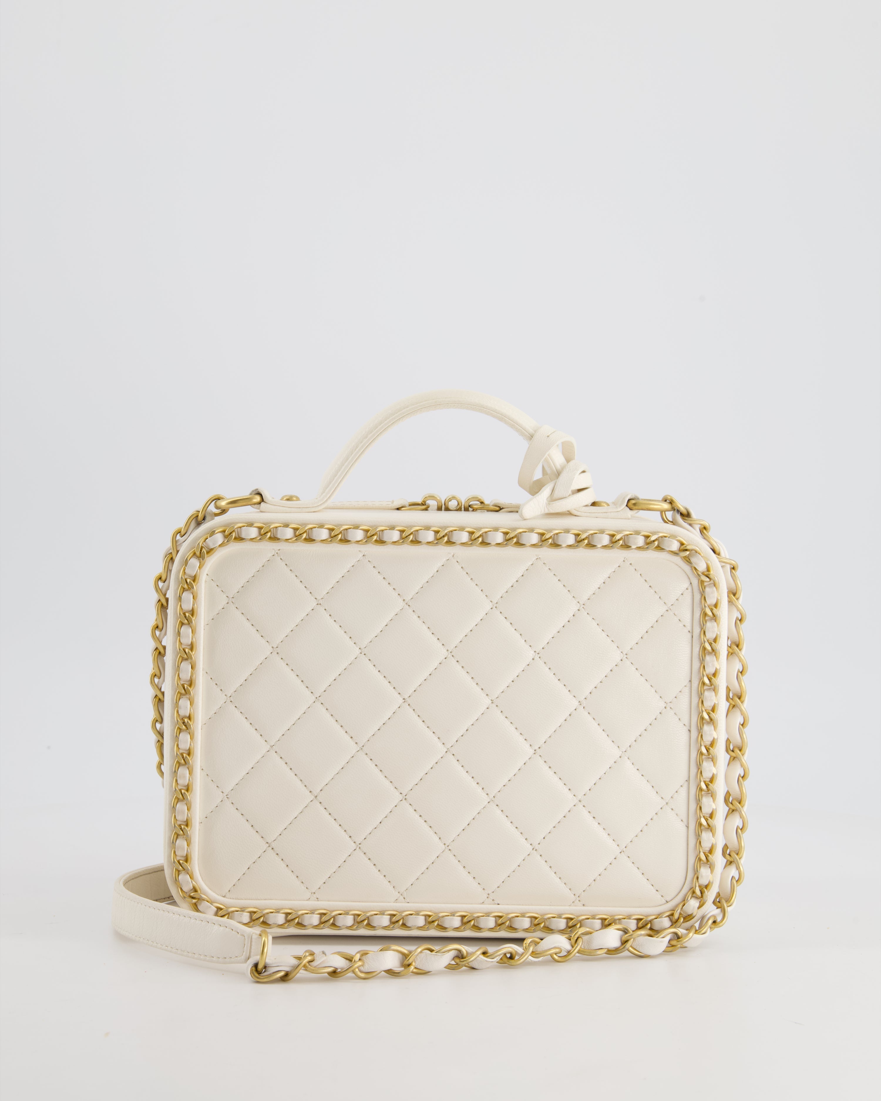 Chanel White Medium CC Filigree Vanity Case Bag in Shiny Calfskin Leather with Brushed Gold Hardware and Chain Detail