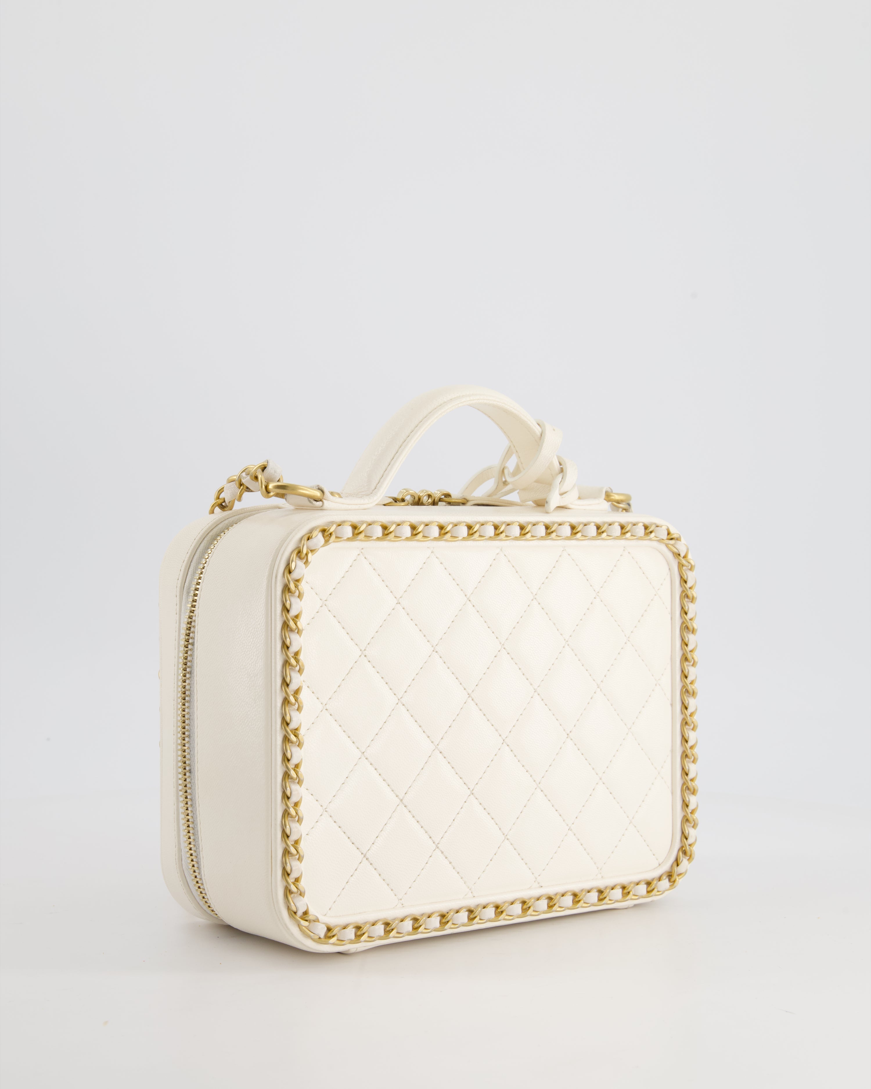 Chanel White Medium CC Filigree Vanity Case Bag in Shiny Calfskin Leather with Brushed Gold Hardware and Chain Detail