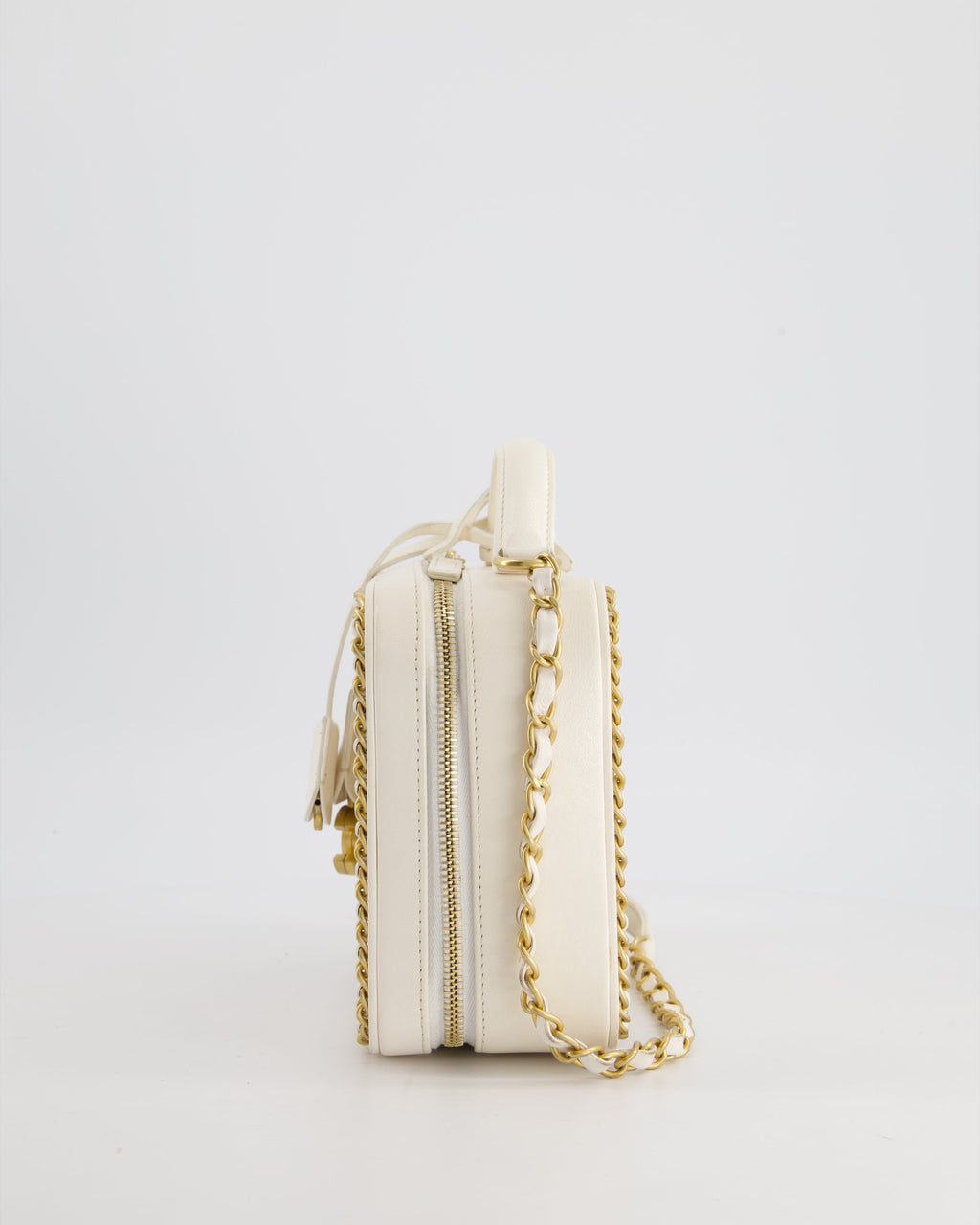 Chanel White Medium CC Filigree Vanity Case Bag in Shiny Calfskin Leather with Brushed Gold Hardware and Chain Detail