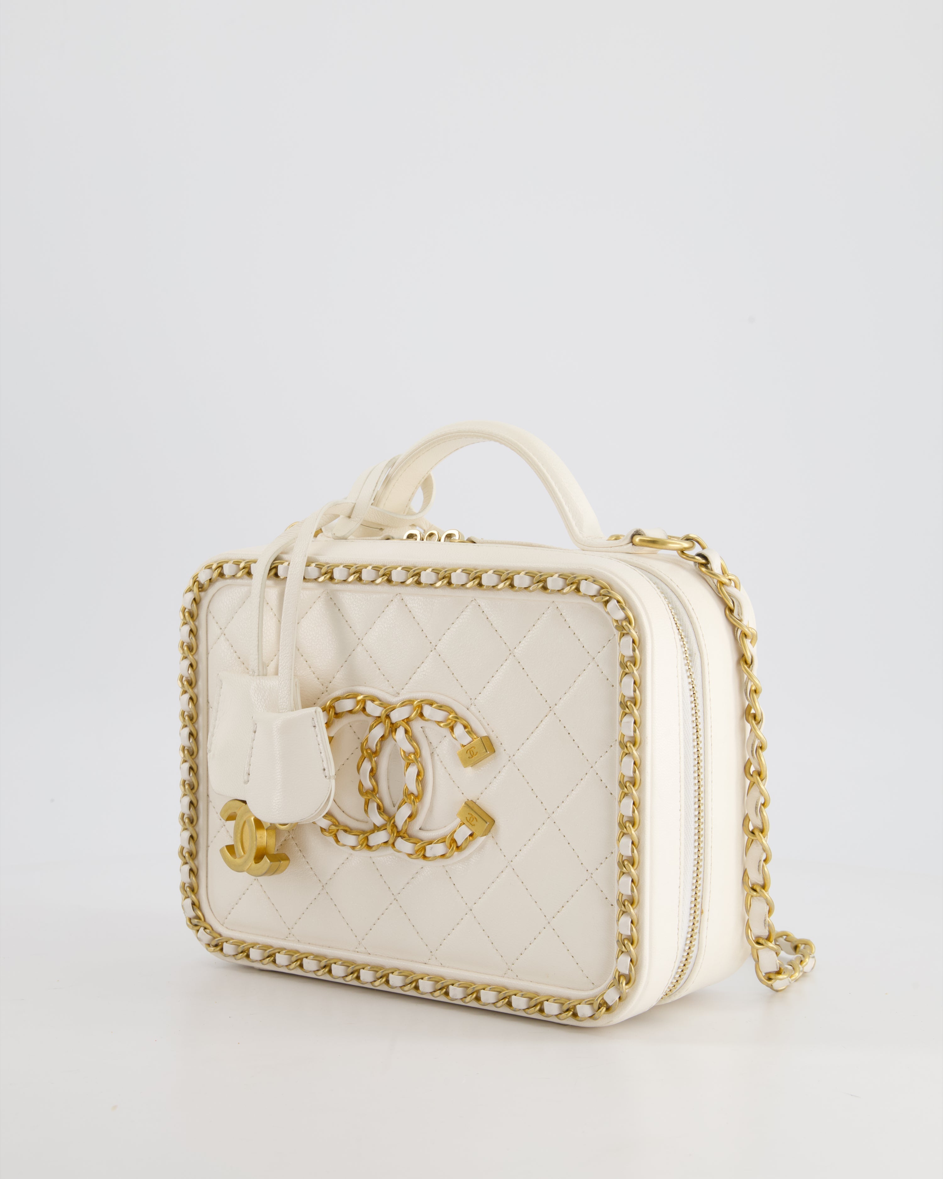 Chanel White Medium CC Filigree Vanity Case Bag in Shiny Calfskin Leather with Brushed Gold Hardware and Chain Detail