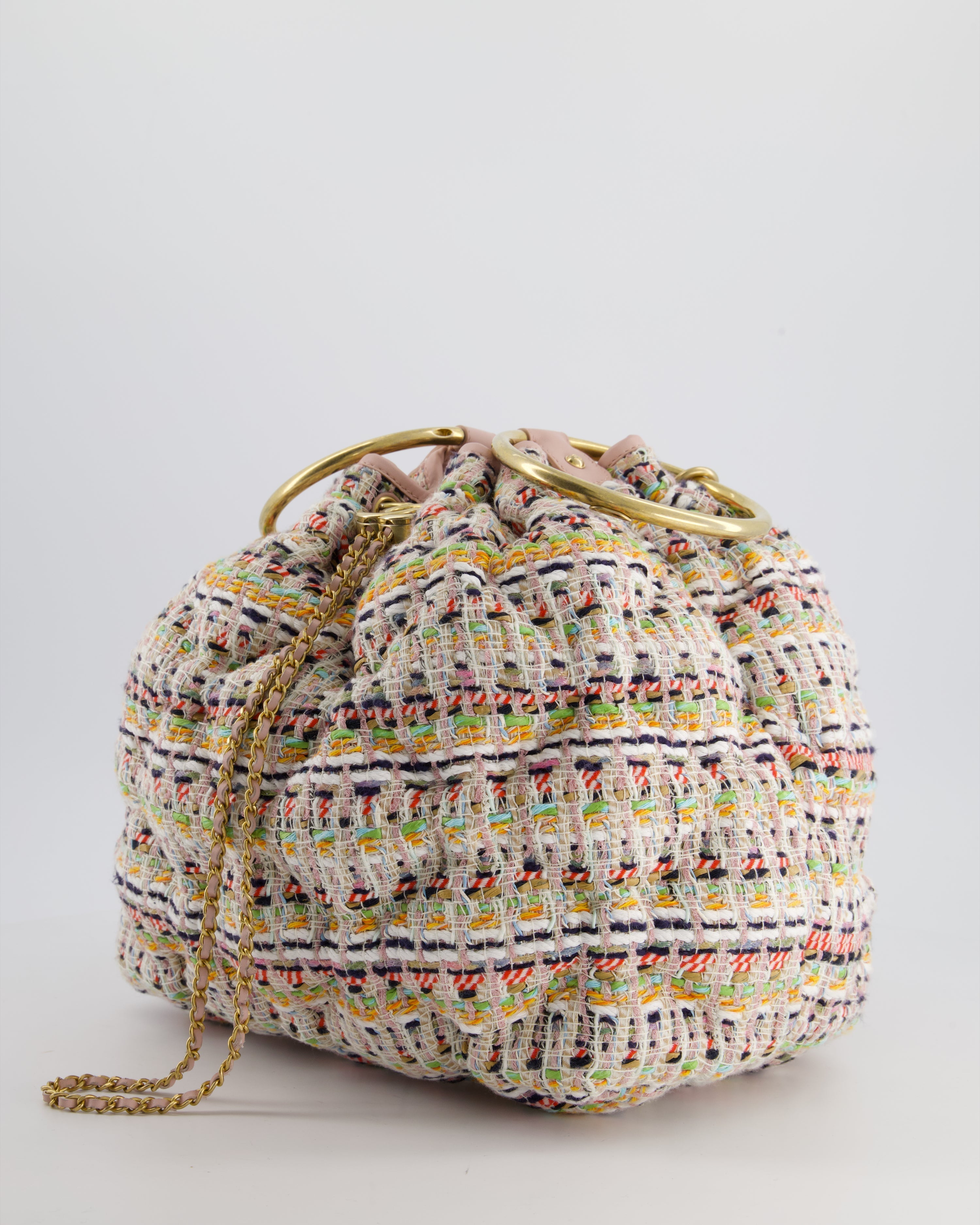 Chanel Limited Edition Multi-Colour Tweed Chesterfield Bucket Bag with Brushed Gold Ring Detail