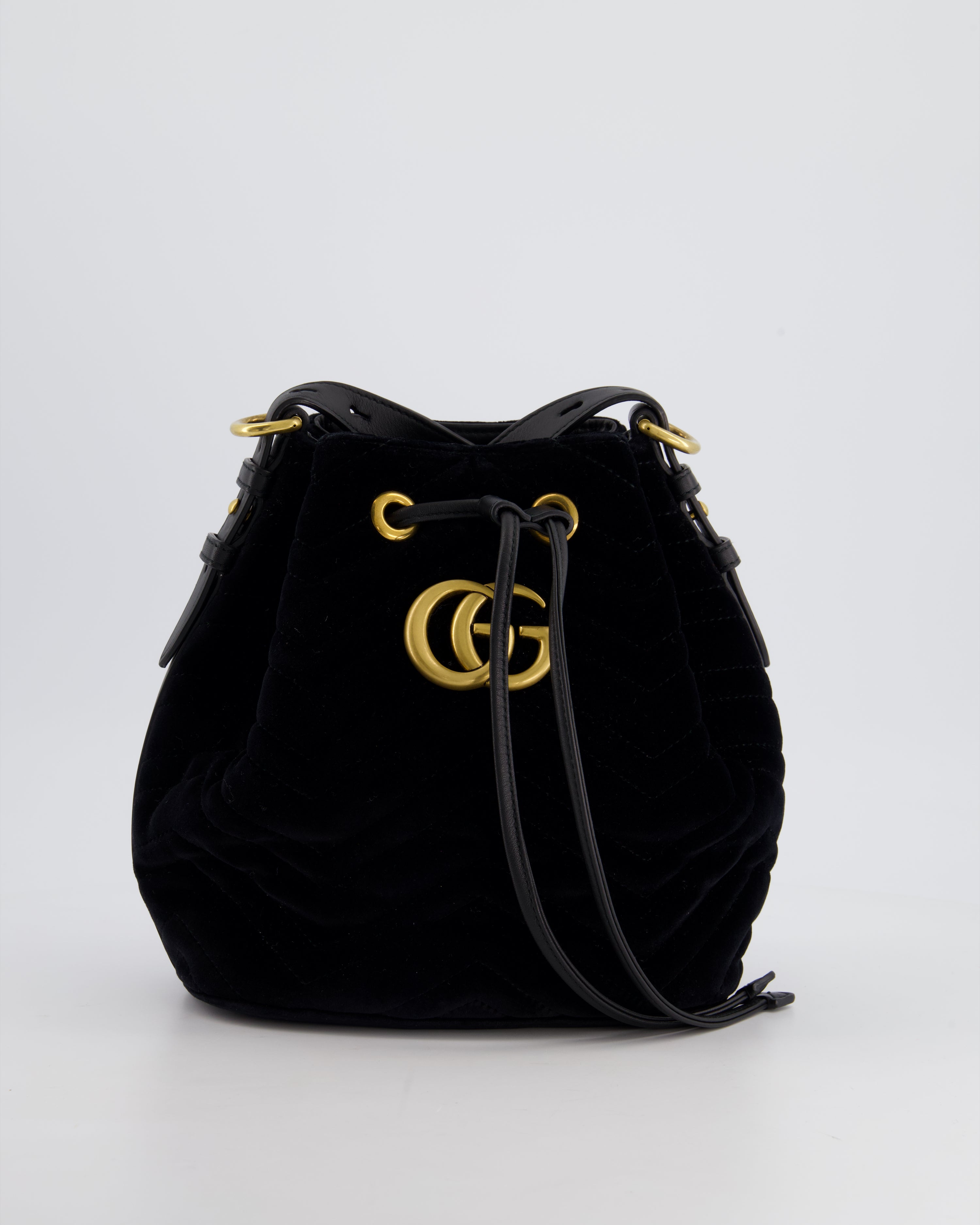 Gucci Black Velvet GG Marmont Bucket Bag with Gold Hardware