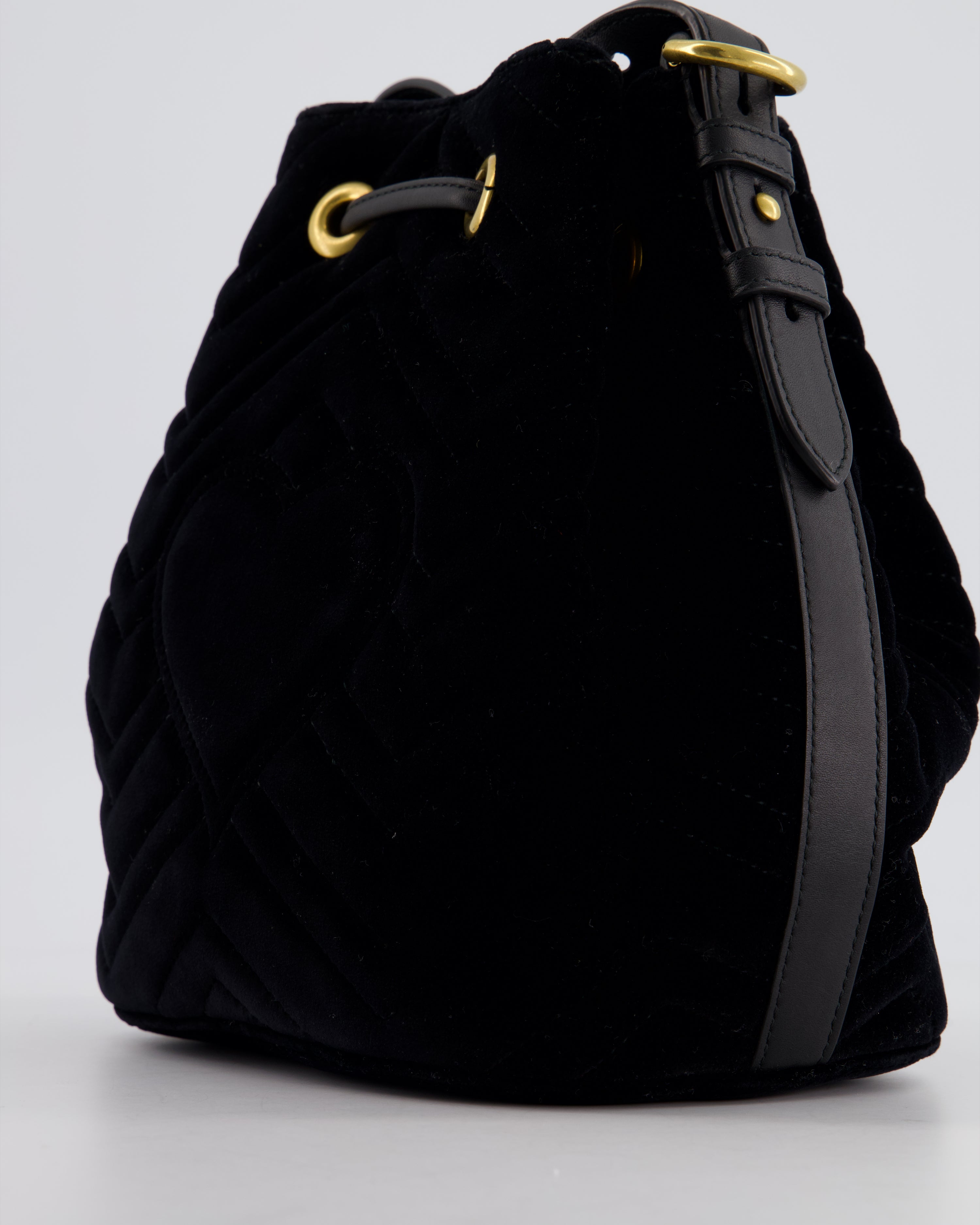 Gucci Black Velvet GG Marmont Bucket Bag with Gold Hardware