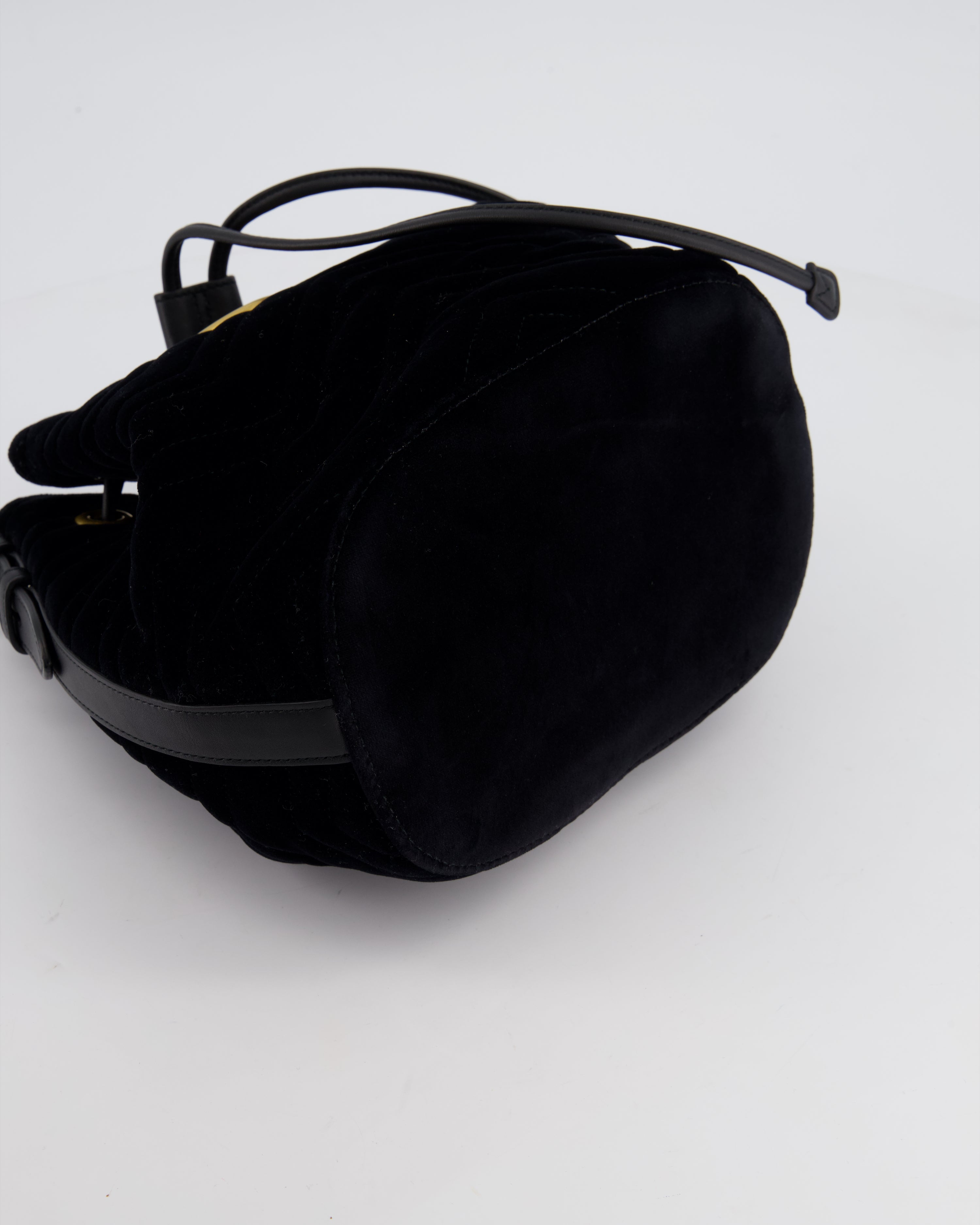 Gucci Black Velvet GG Marmont Bucket Bag with Gold Hardware
